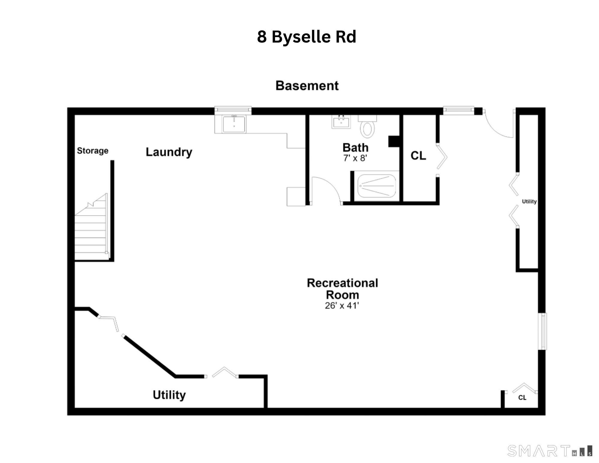 Basement floor plan showing a large recreational room, laundry, bathroom, storage, and utility areas.