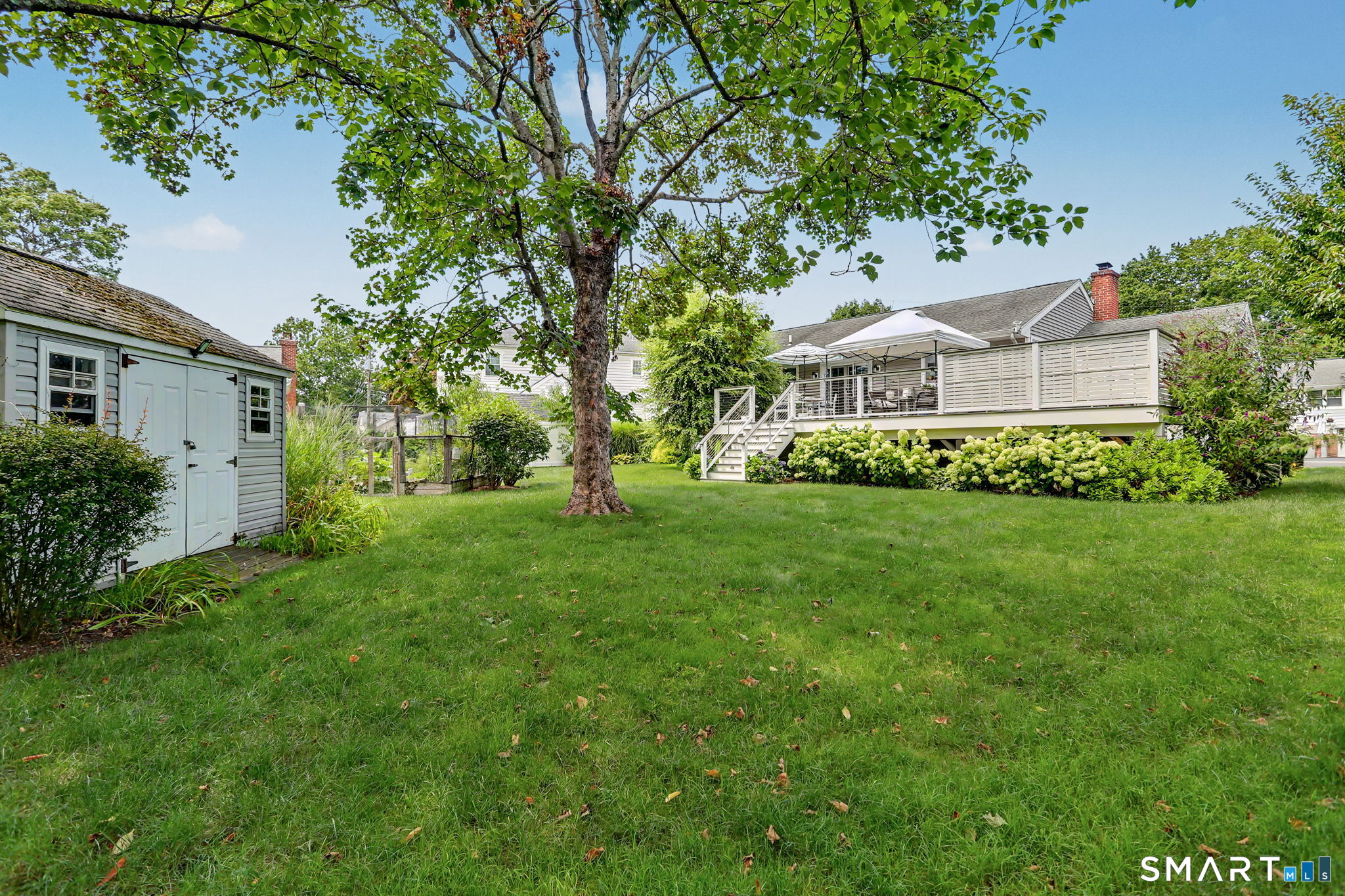 Backyard with broad lawn, mature tree, garden shed, and raised deck with umbrella-covered seating.