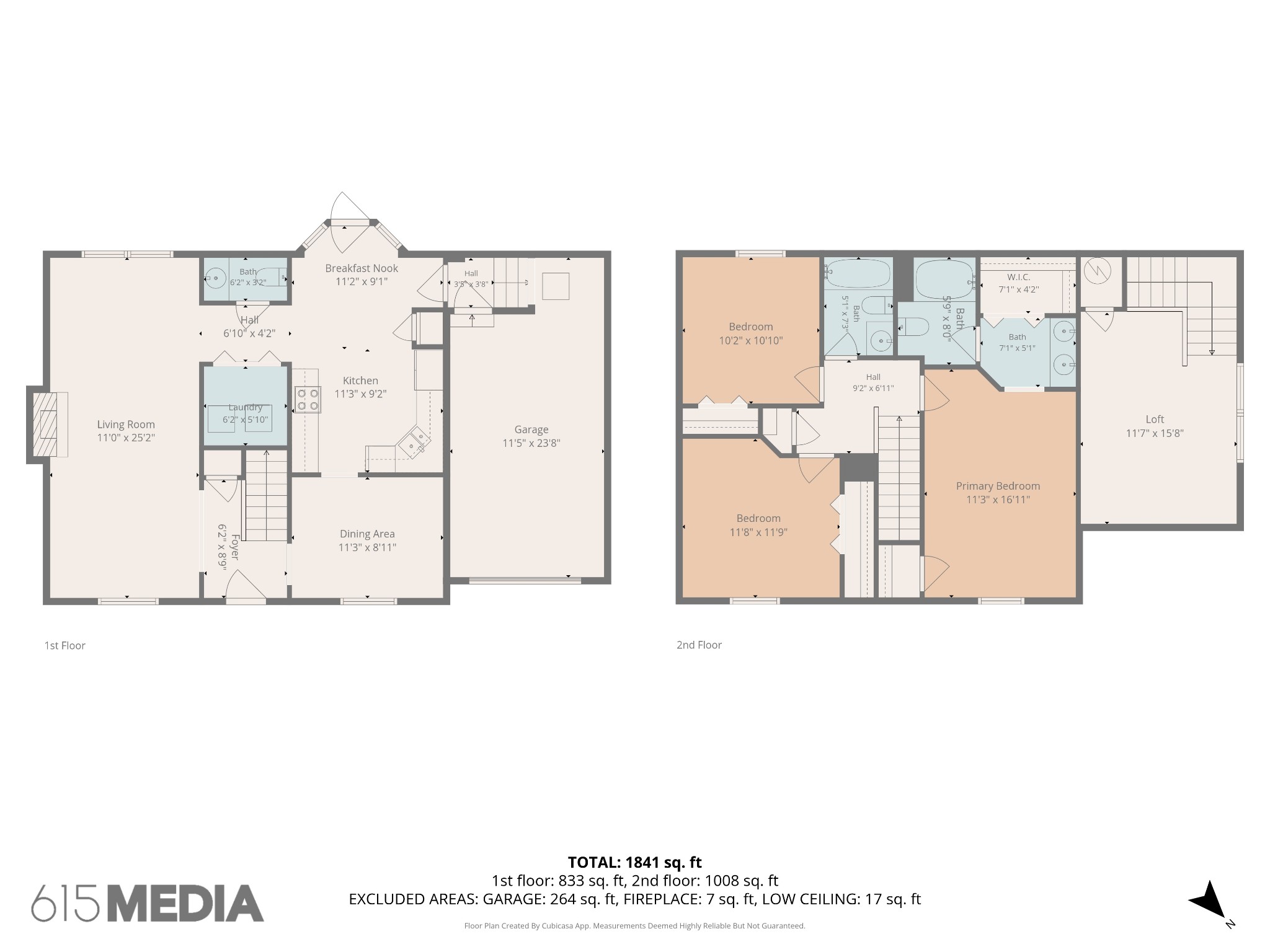 Two-story floor plan with room dimensions, a garage, three bedrooms, and a loft.