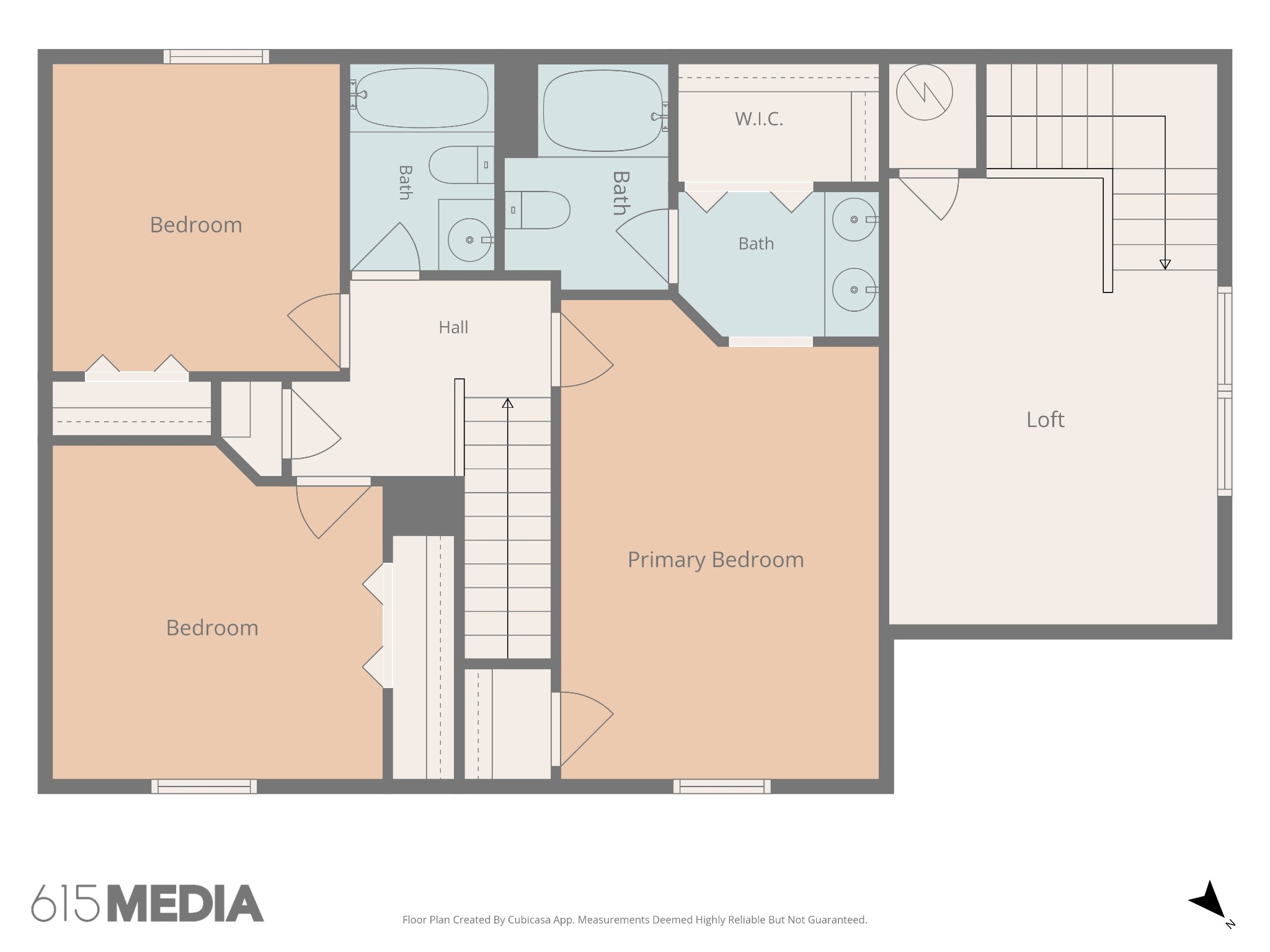 Floor plan showing three bedrooms, three baths, a walk-in closet, stairs, and a loft.