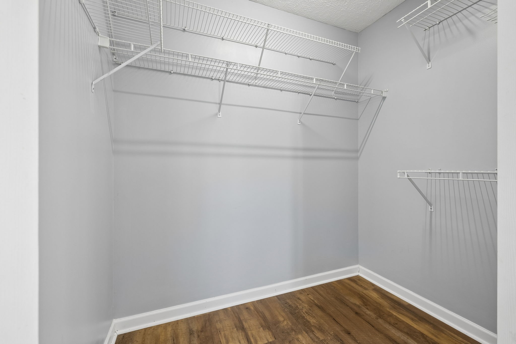 Walk-in closet with white wire shelving, gray walls, and wood-look flooring.