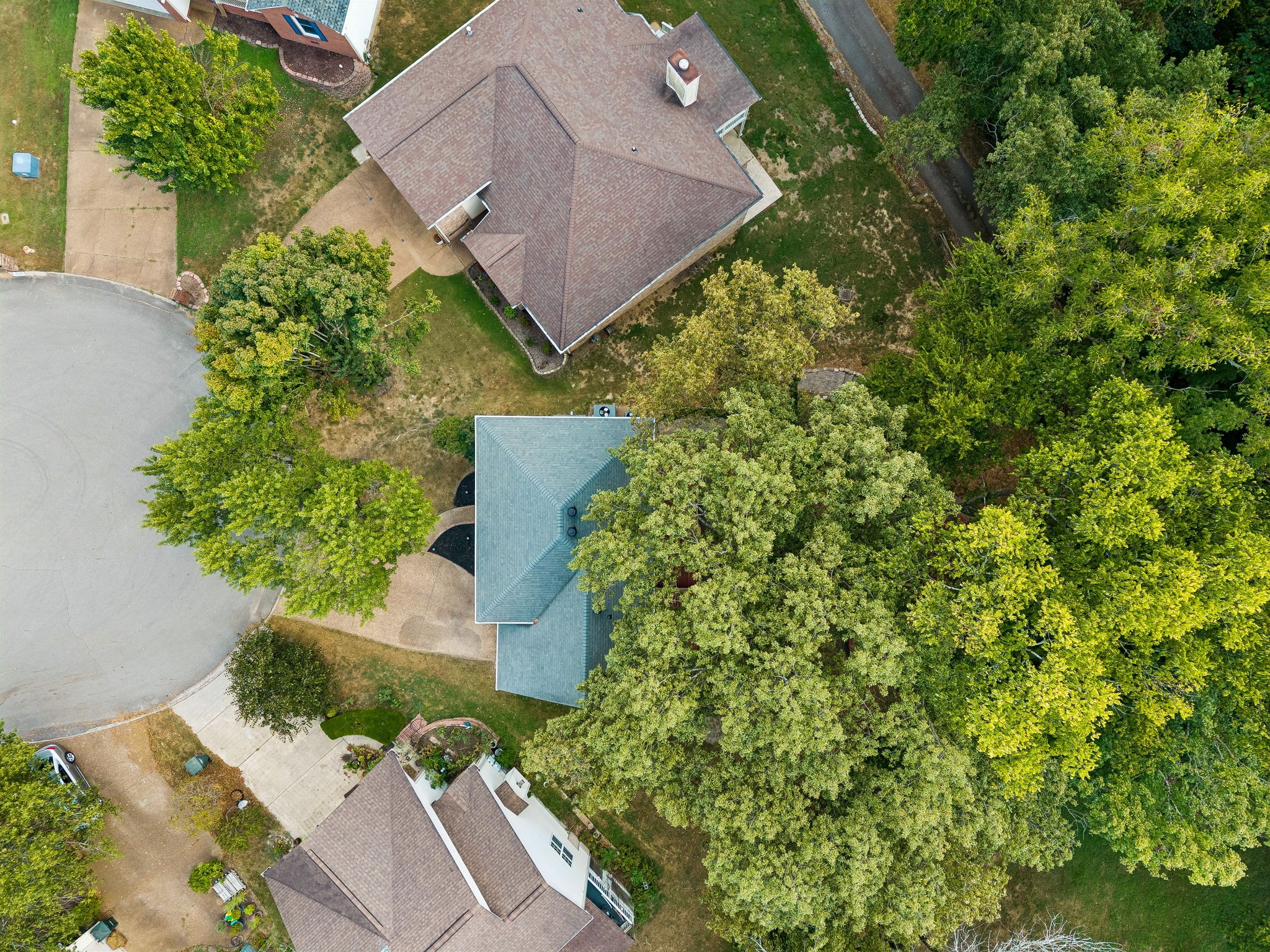 Aerial view of a home beneath mature trees beside a cul-de-sac.