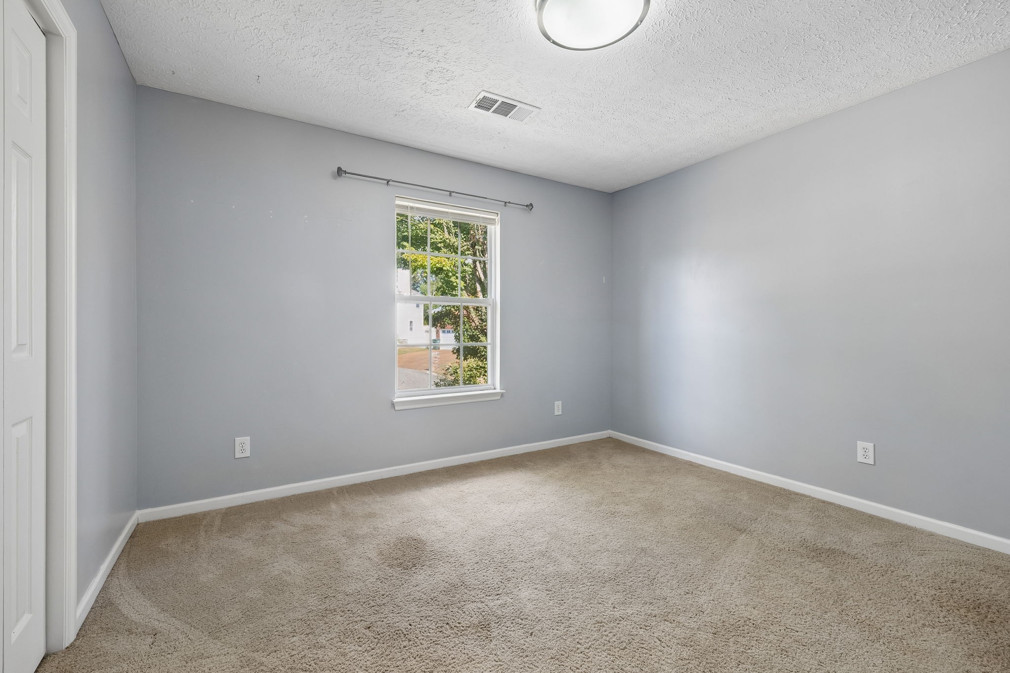 Empty bedroom with beige carpet, gray walls, and a window overlooking leafy trees.