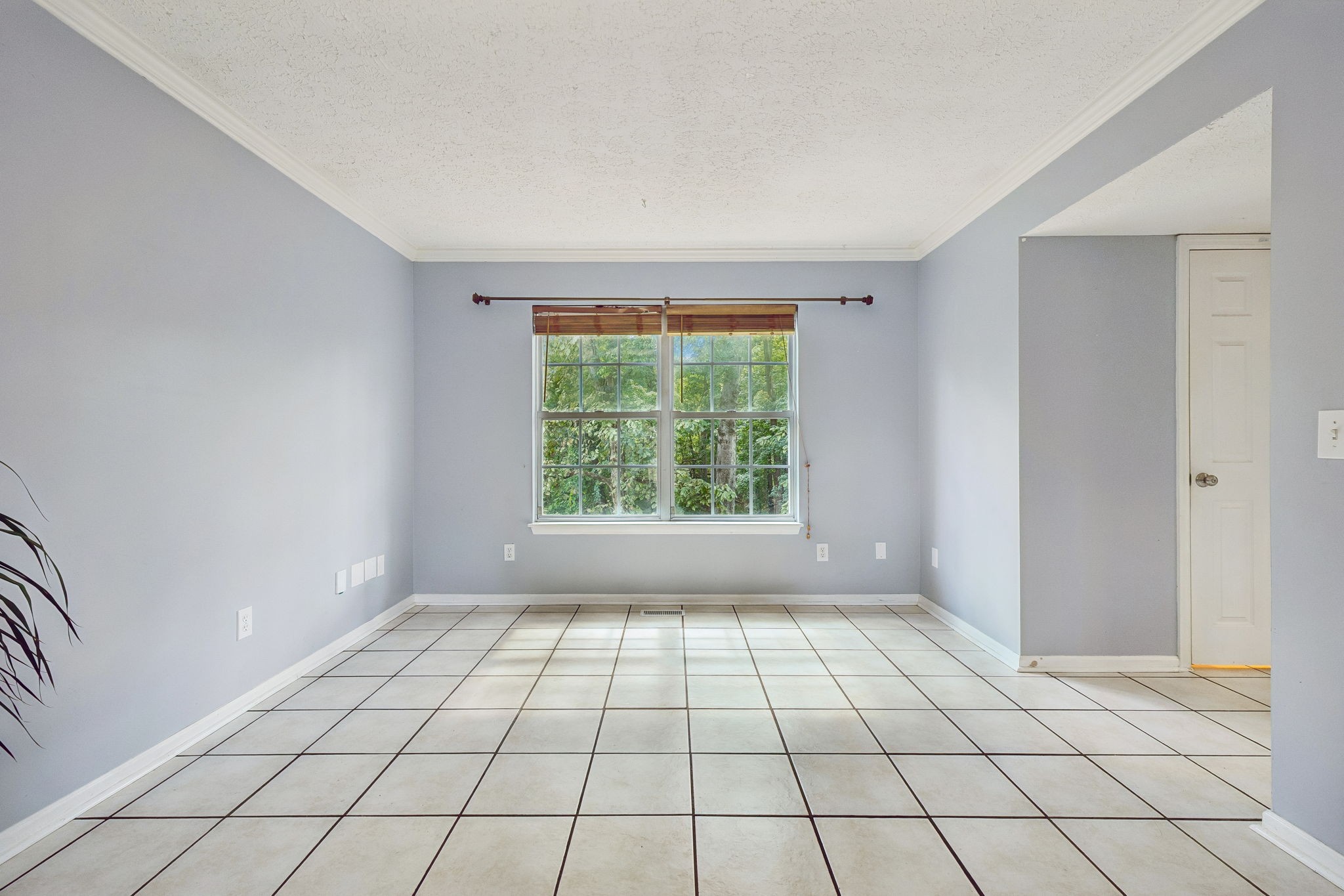 Empty tiled room with gray walls and a large window overlooking trees.
