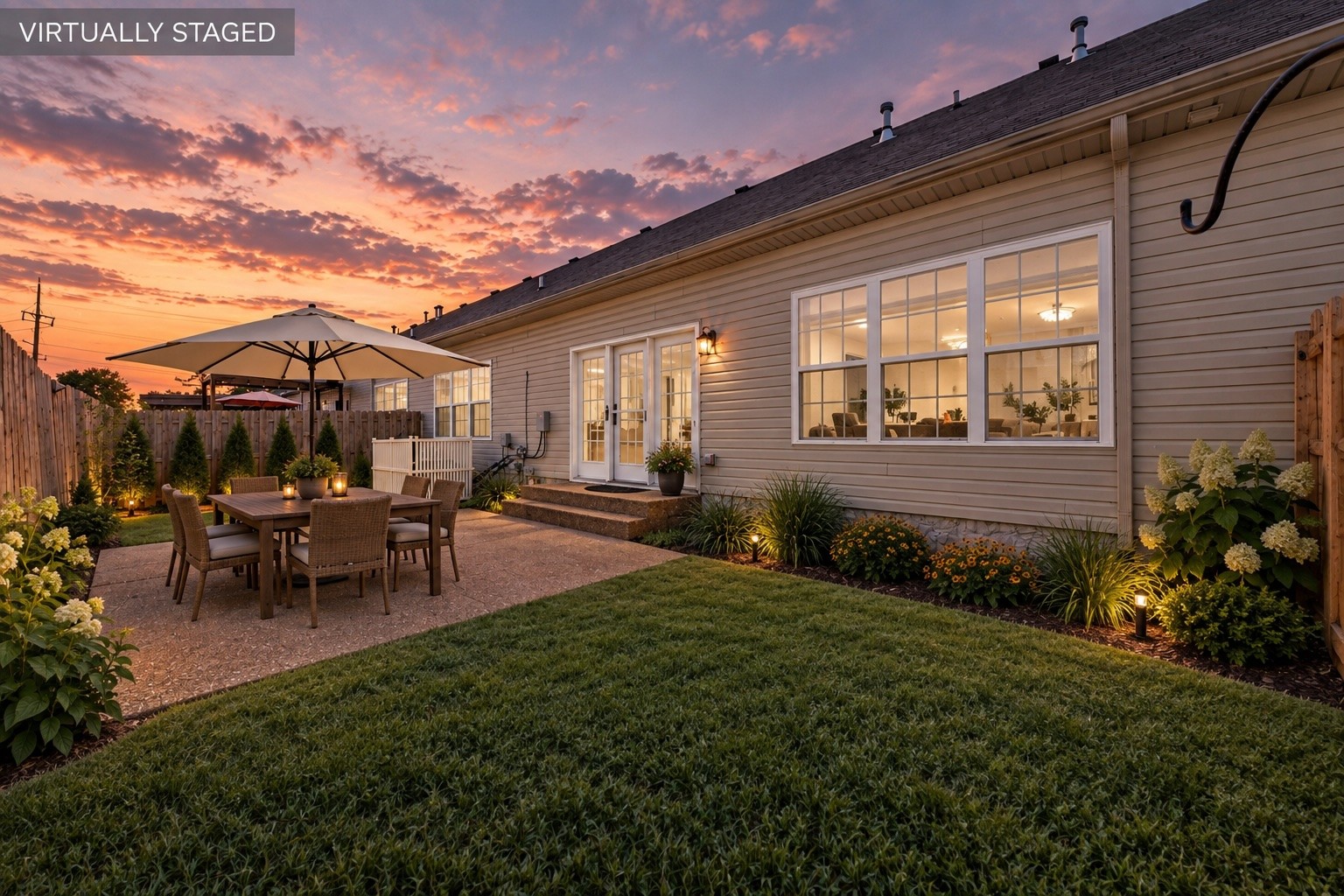 Condominium patio with an outdoor dining set and umbrella beside illuminated windows at dusk.