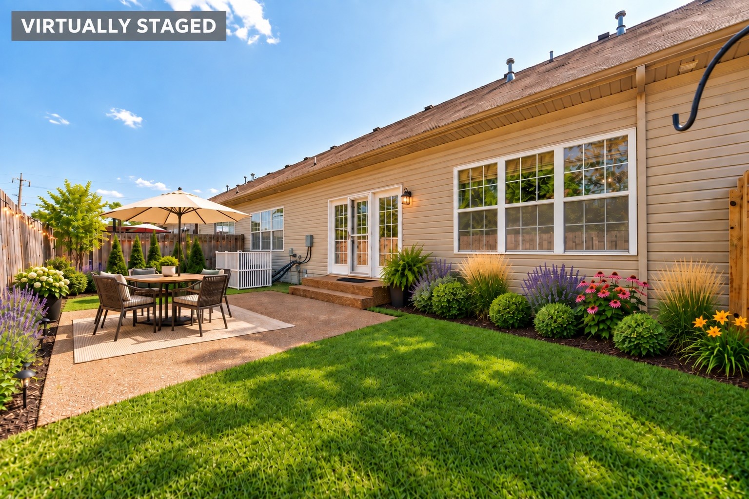 Backyard patio with an umbrella-shaded dining table, green lawn, and colorful flower beds.