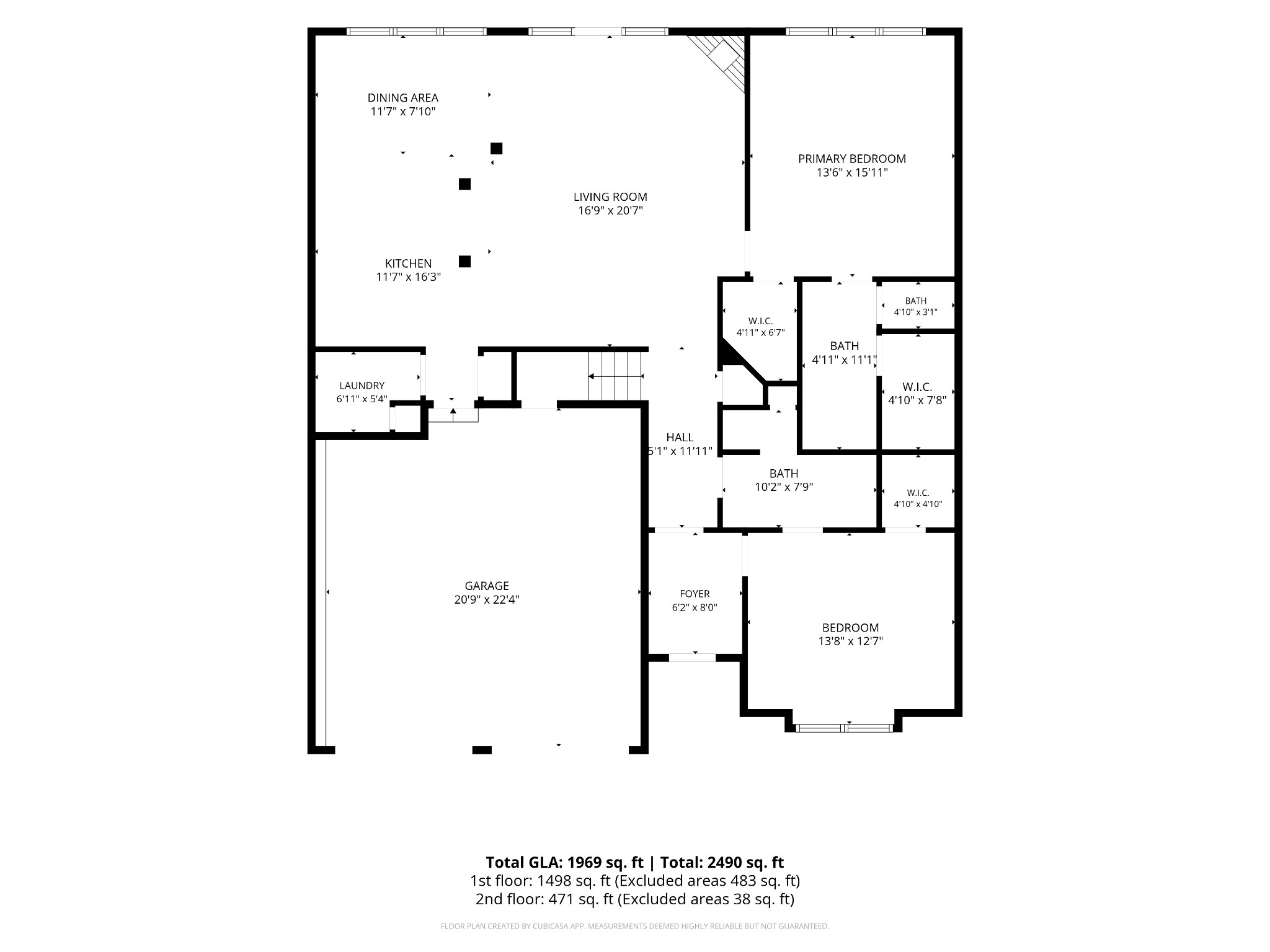 Floor plan showing the kitchen, living and dining areas, two bedrooms, bathrooms, laundry, and garage.