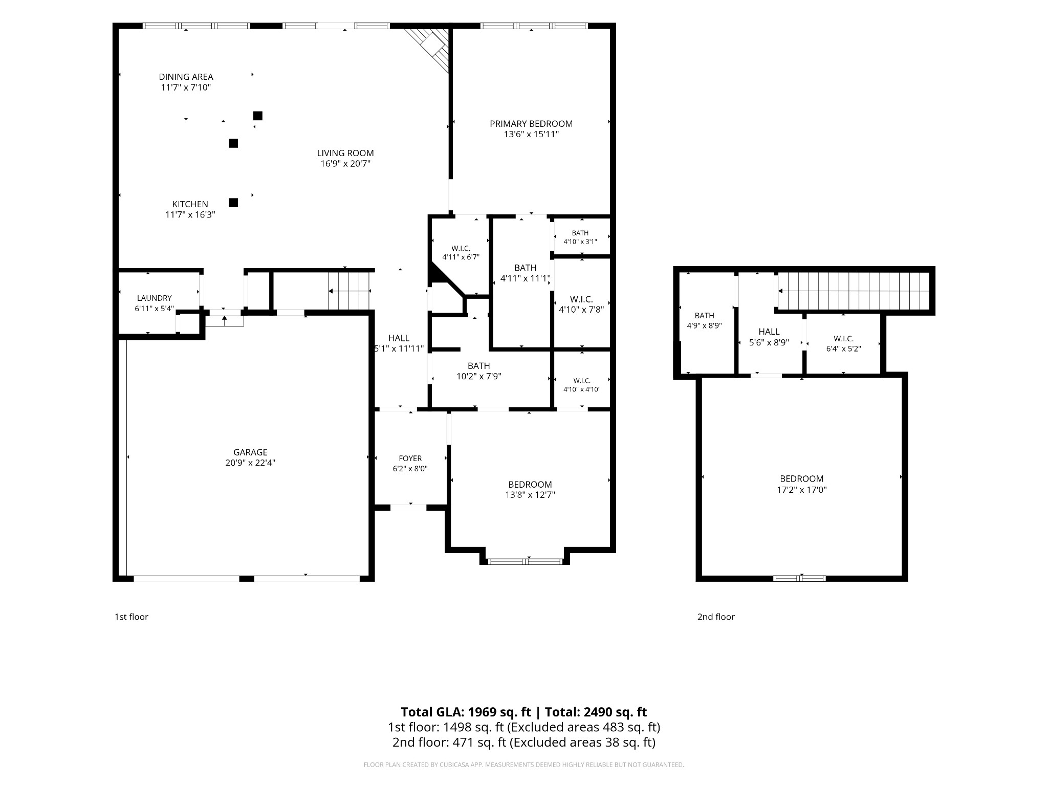 Two-story floor plan showing room layouts, dimensions, and a large first-floor garage.