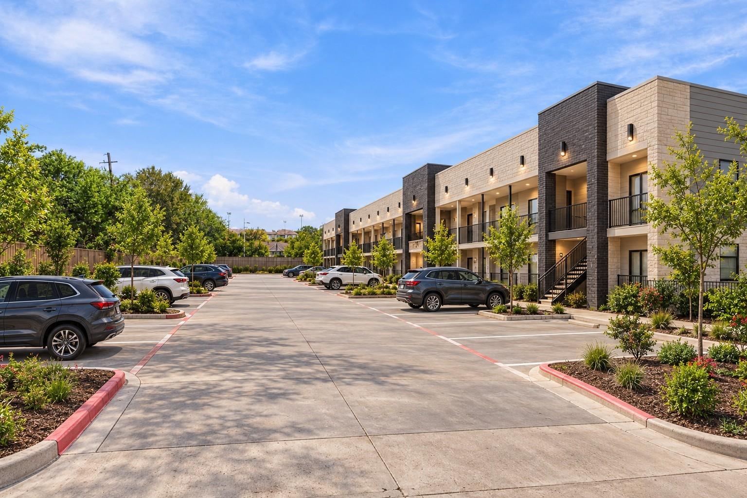 Modern two-story townhomes with balconies and exterior stairs beside a landscaped parking lot.