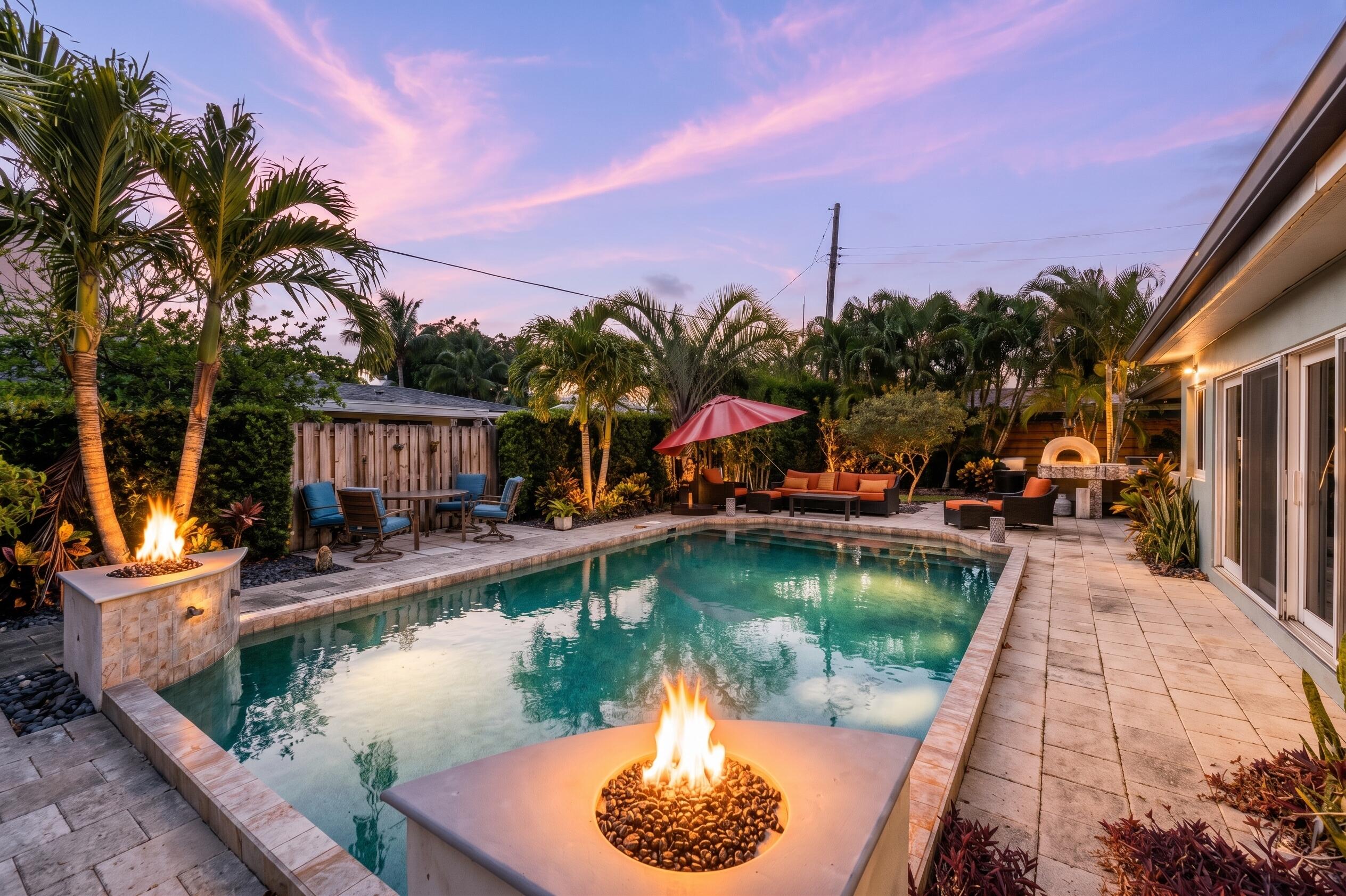 Backyard pool at dusk with two fire features, palm trees, lounge seating, and a built-in pizza oven.