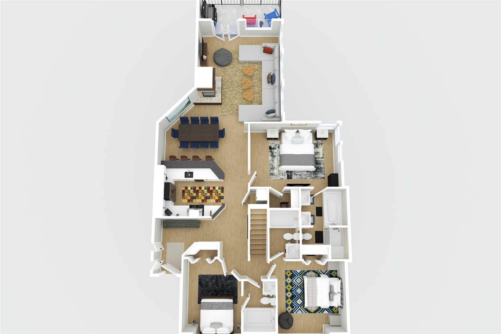 3D floor plan showing furnished living, dining, kitchen, bedroom, bathroom, and stair areas.