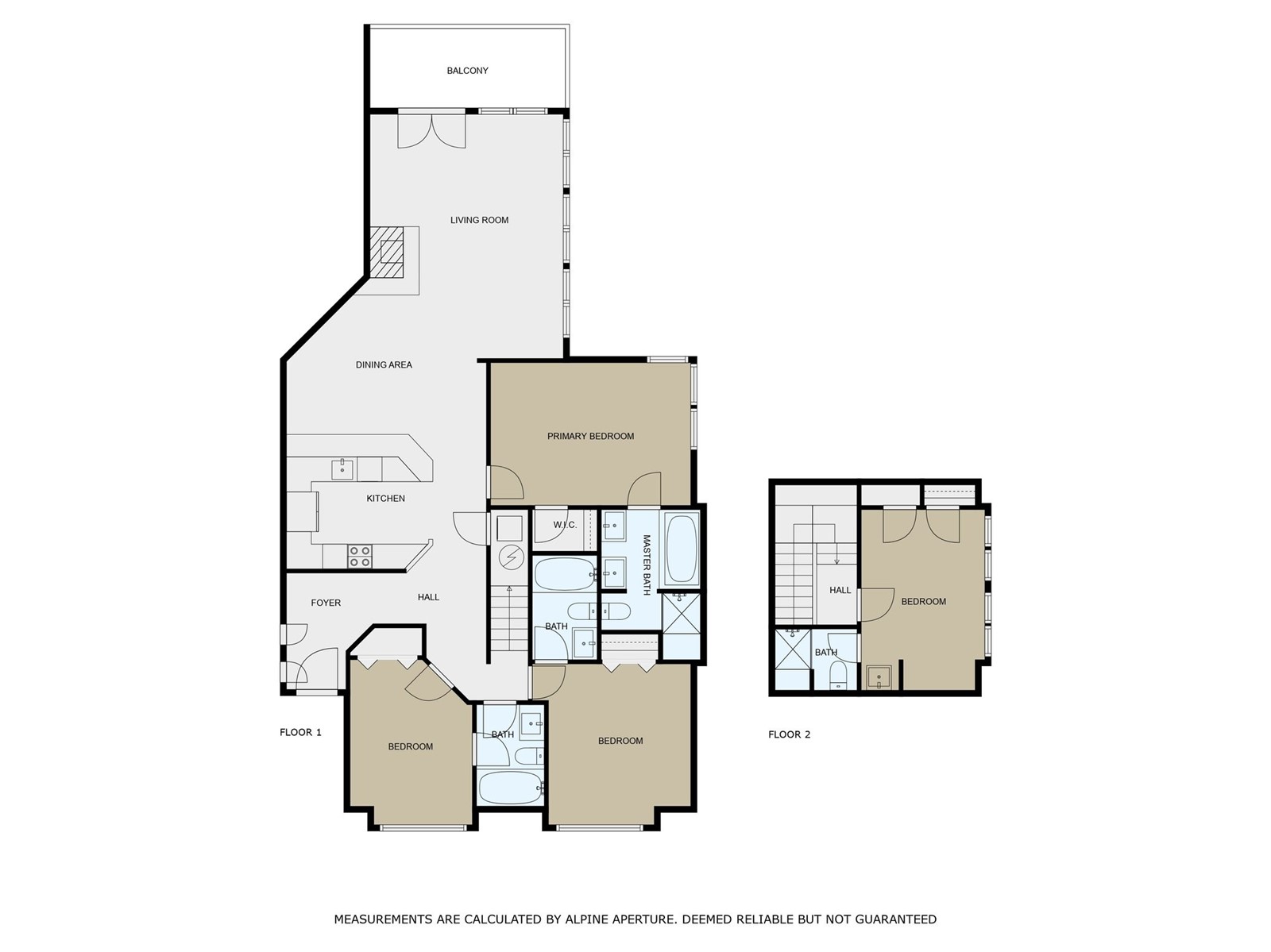 Two-floor layout with a balcony, open living and dining areas, kitchen, and multiple bedrooms and bathrooms.