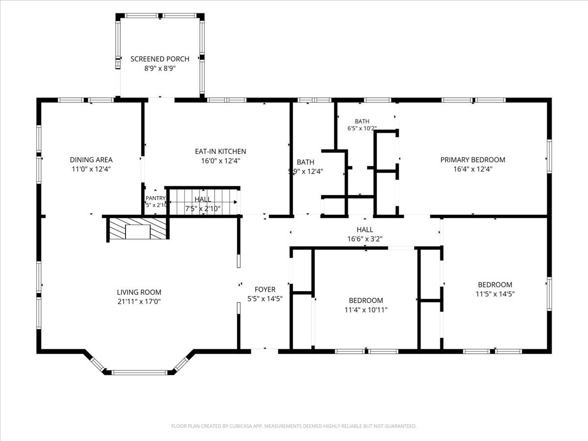 Floor plan showing a screened porch, eat-in kitchen, living room, and three bedrooms.