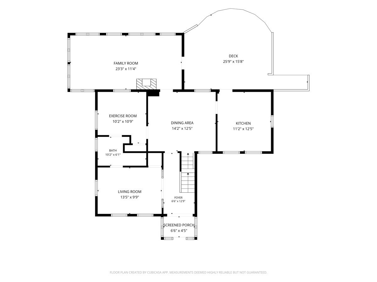 Floor plan showing room layouts and dimensions, including a deck and screened porch.