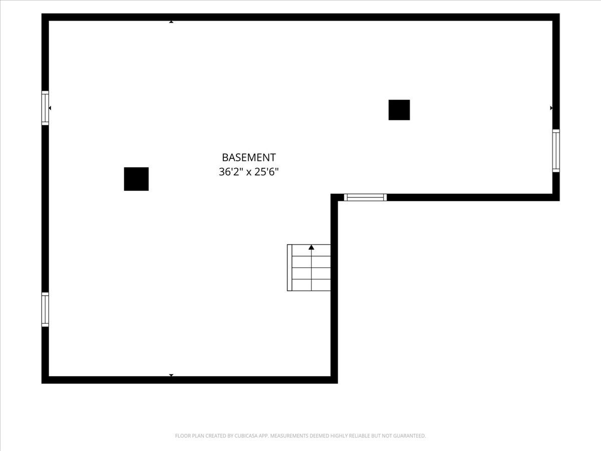 Basement floor plan labeled 36 feet 2 inches by 25 feet 6 inches, with windows and a staircase.