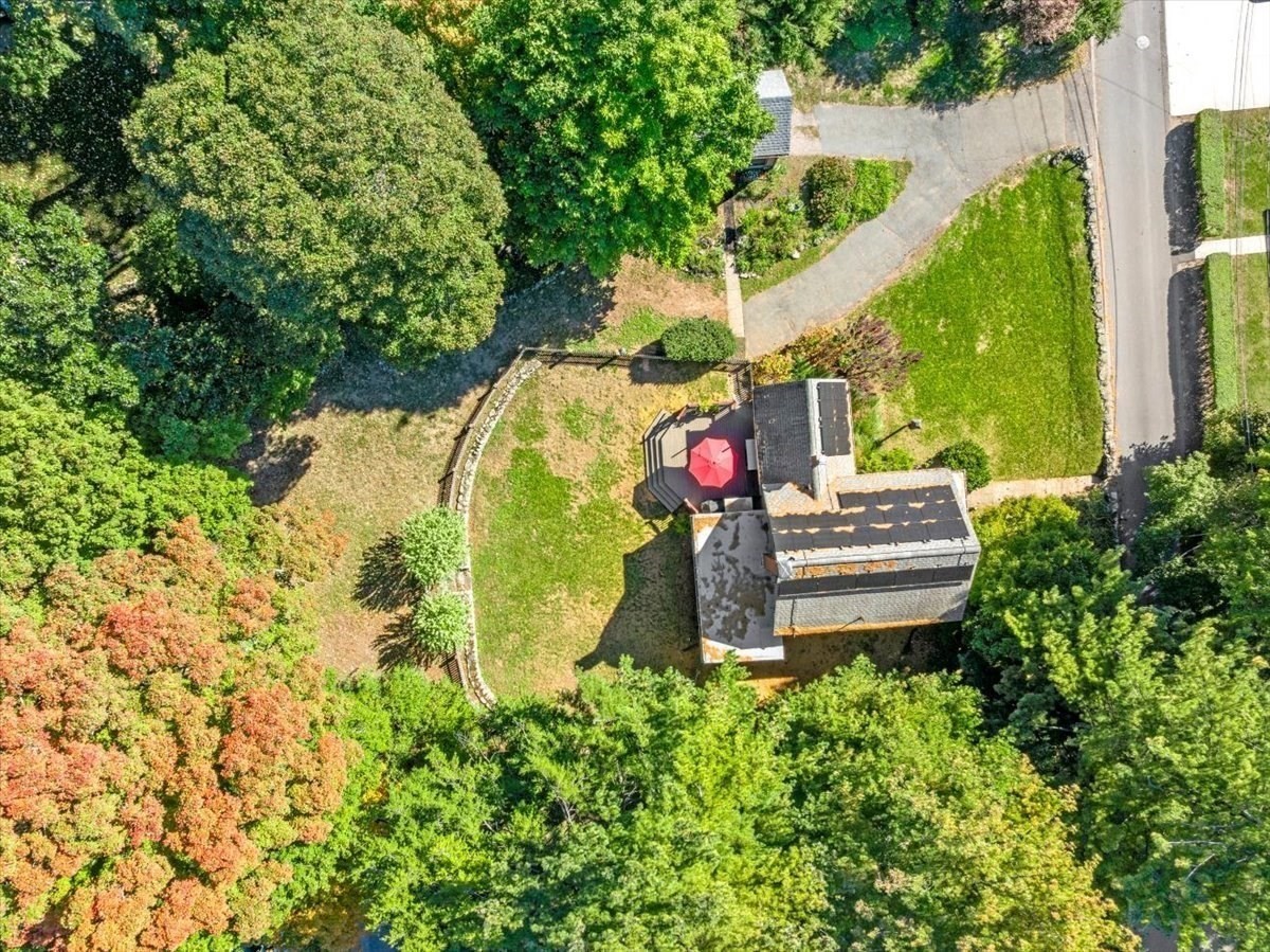 Aerial view of a house surrounded by mature trees, with a curved driveway and red patio umbrella.