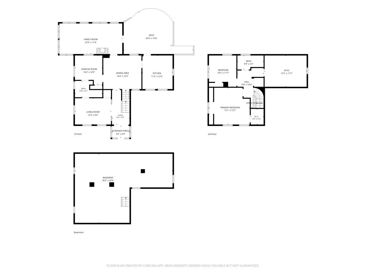 Floor plan showing the first and second floors and basement, including a deck and screened porch.