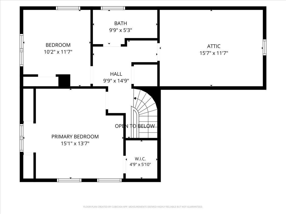 Second-floor floor plan with two bedrooms, a bath, attic, hall, walk-in closet, and stairs.