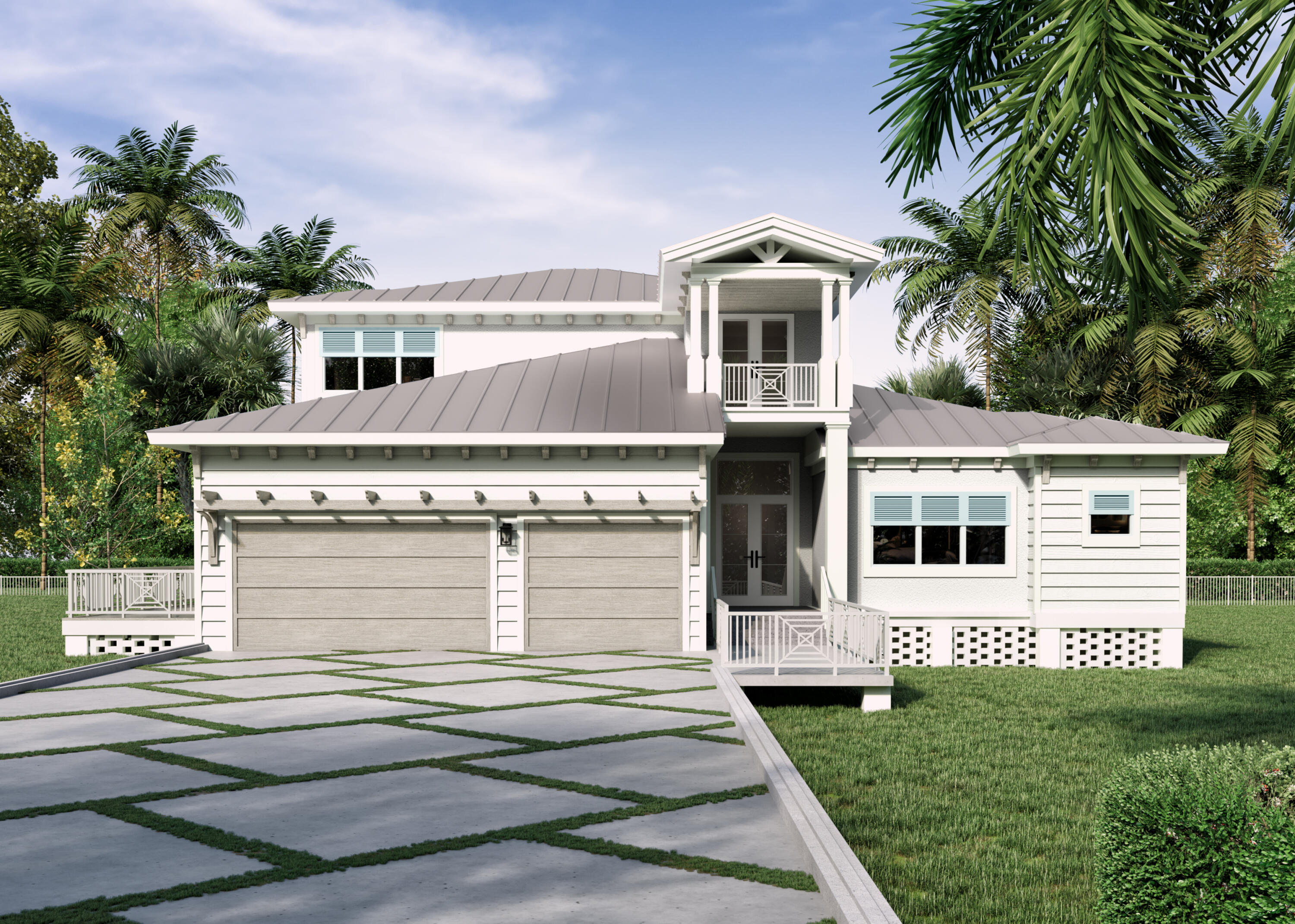 White coastal-style house with a gray metal roof, double garage, and tropical landscaping.