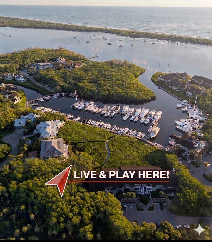 Waterfront community and marina with boats, winding waterways, and ocean beyond.