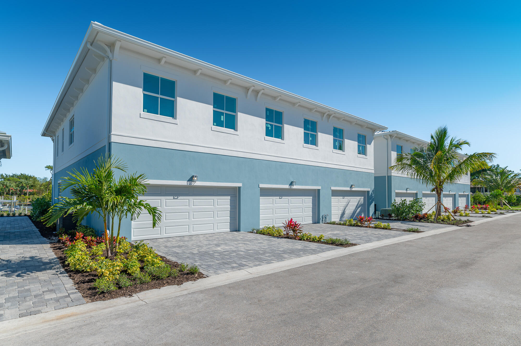 Two-story light blue residences with garage doors, paved driveways, and palm landscaping.