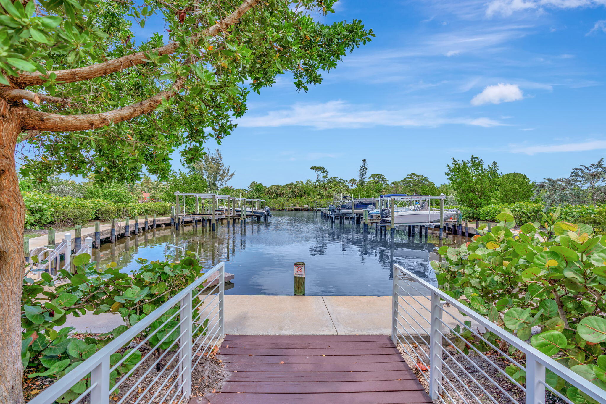 Waterfront dock and canal with moored boats, viewed from a wooden walkway framed by tropical greenery.