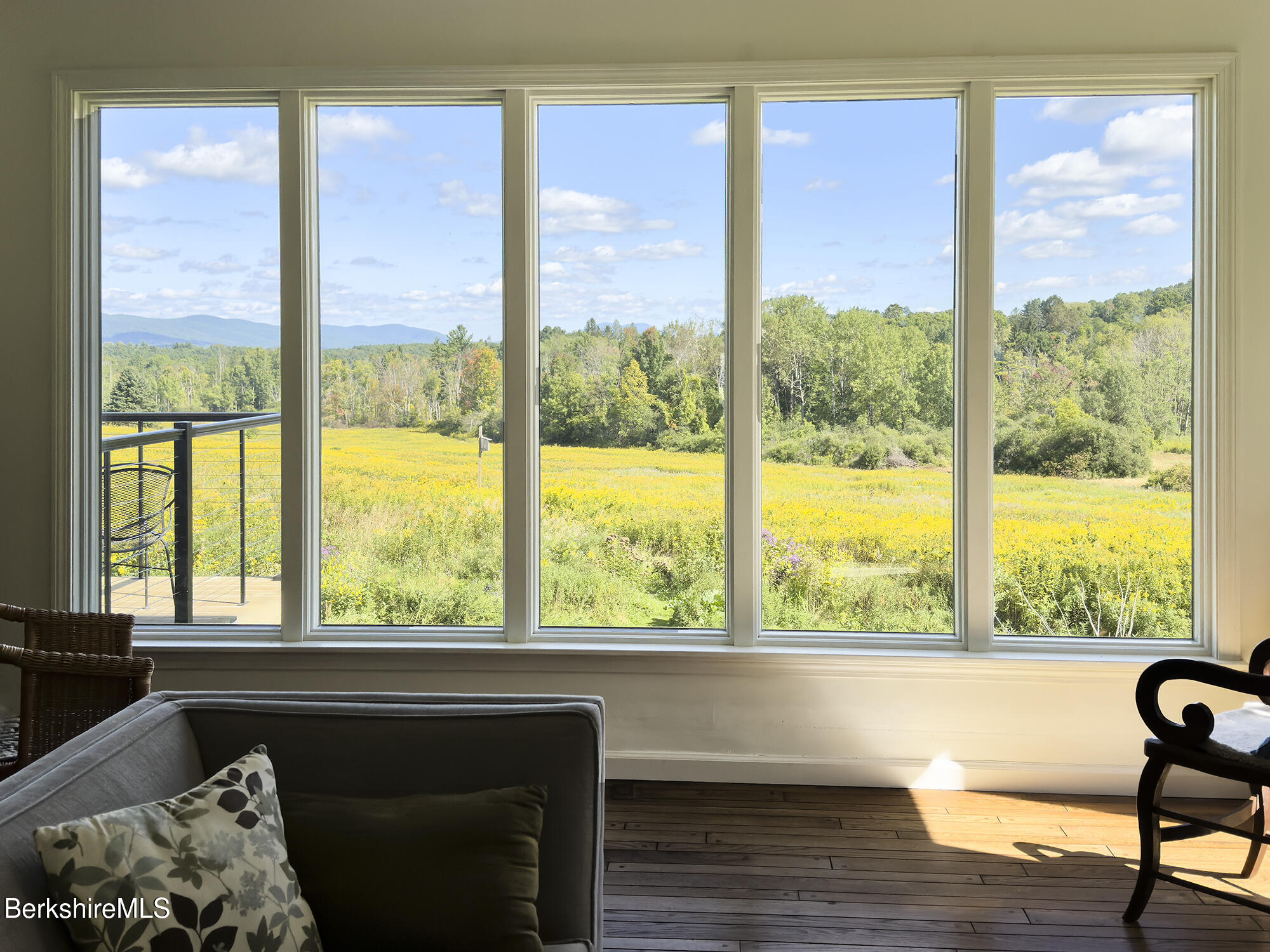Living room with wide windows overlooking a meadow, forest, and distant mountains.