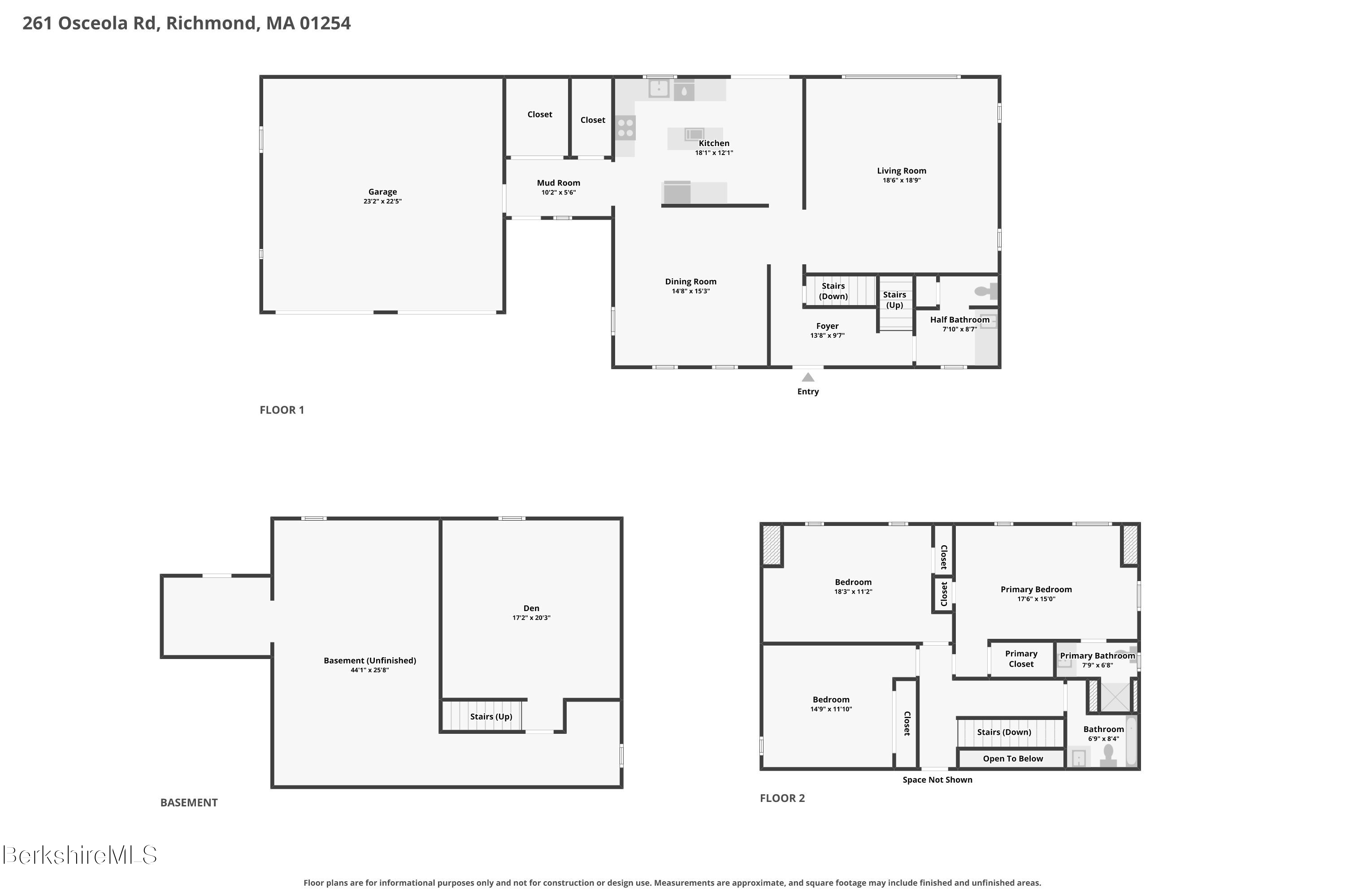 Three-level floor plan for 261 Osceola Rd, showing the first floor, basement, and second-floor bedrooms.
