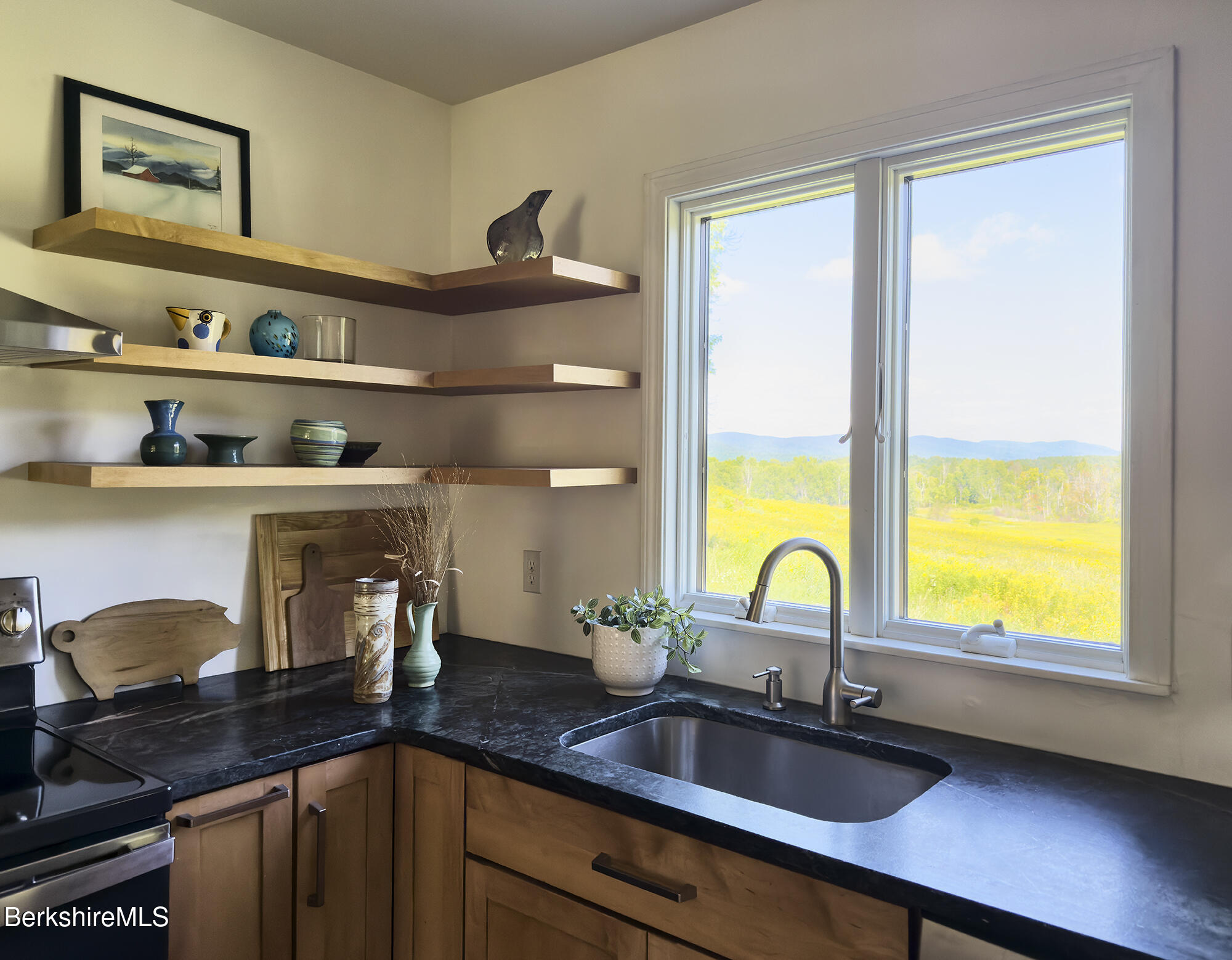 Kitchen with open wooden shelves and black counters, overlooking a meadow and distant hills.