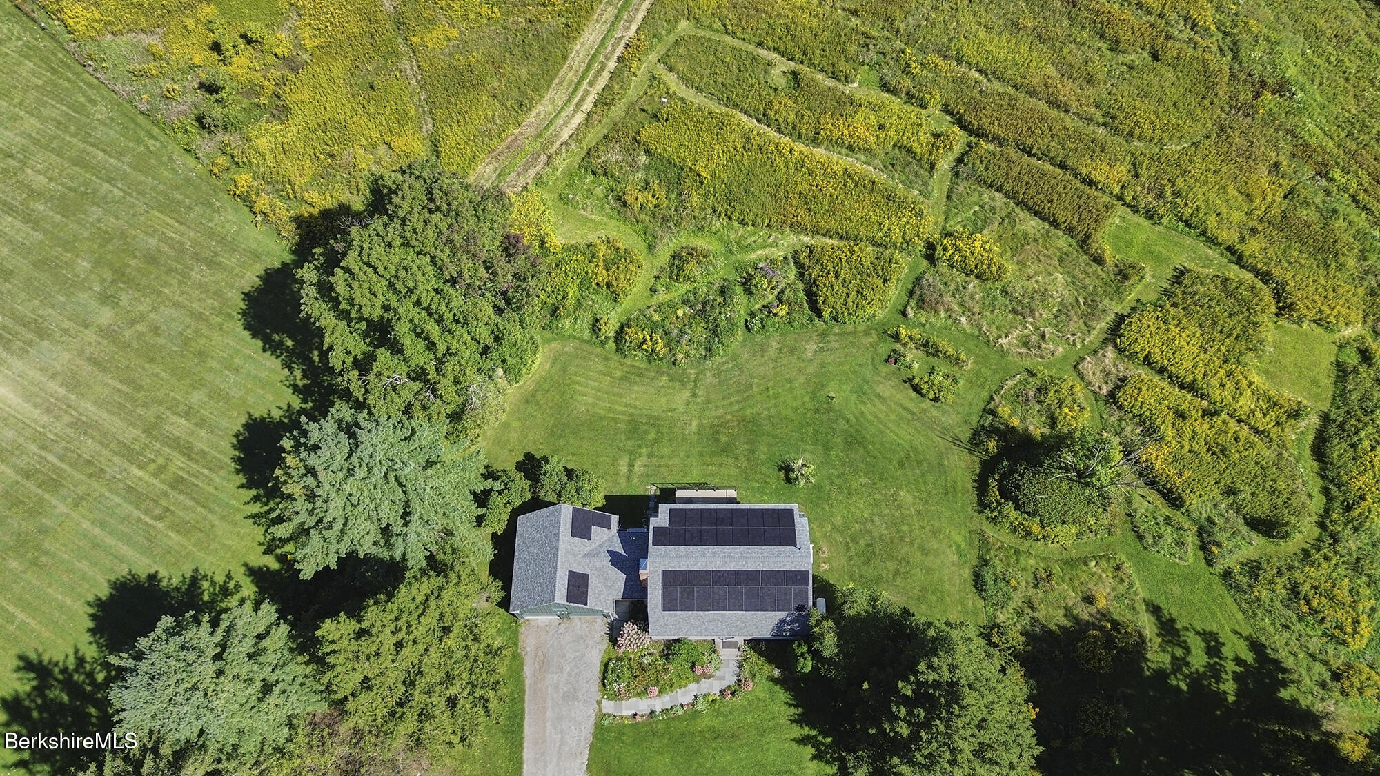 Aerial view of a home with rooftop solar panels, a long driveway, and expansive landscaped grounds.