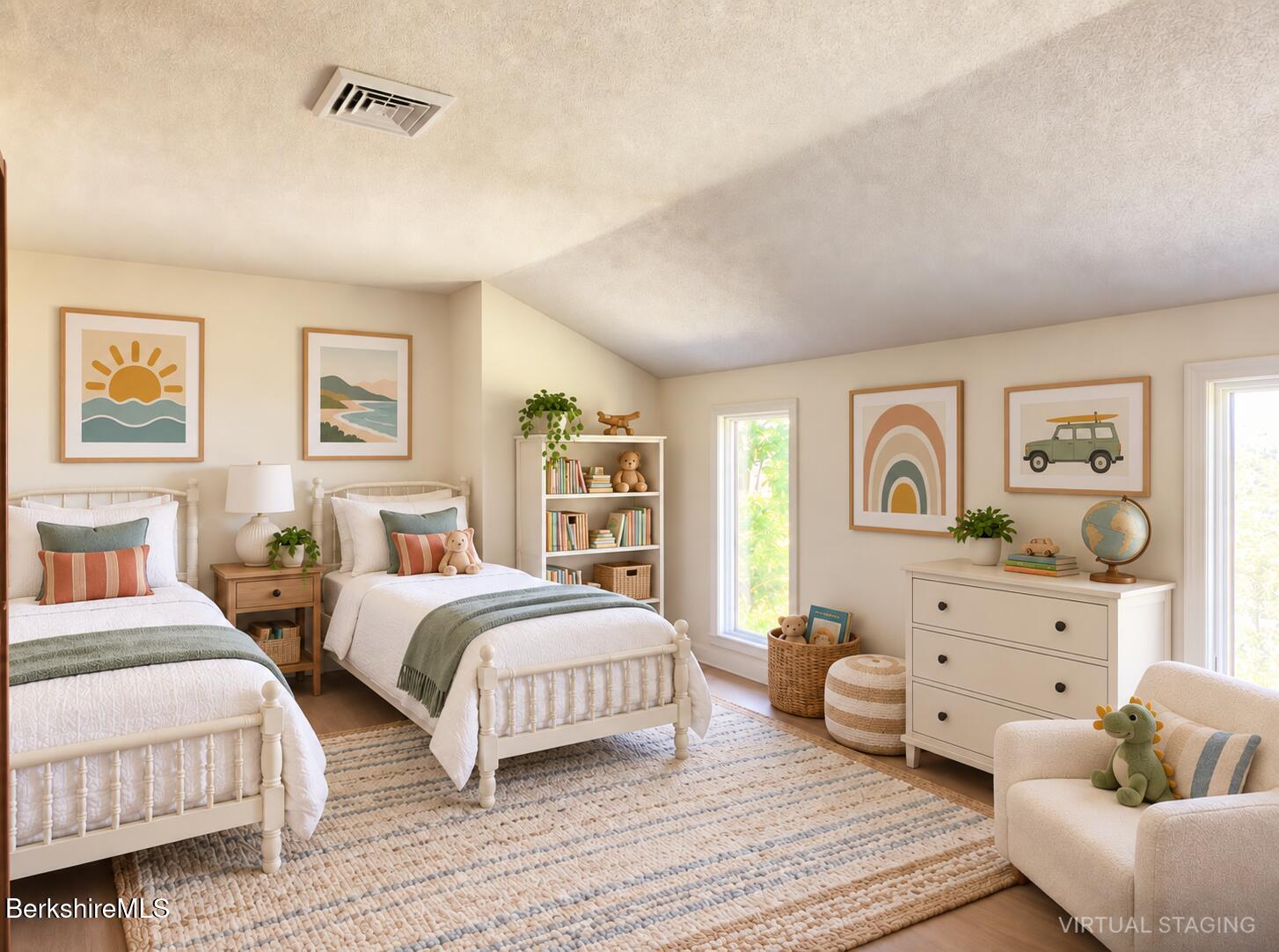 Virtually staged twin bedroom with white beds, a bookshelf, and a large woven rug.