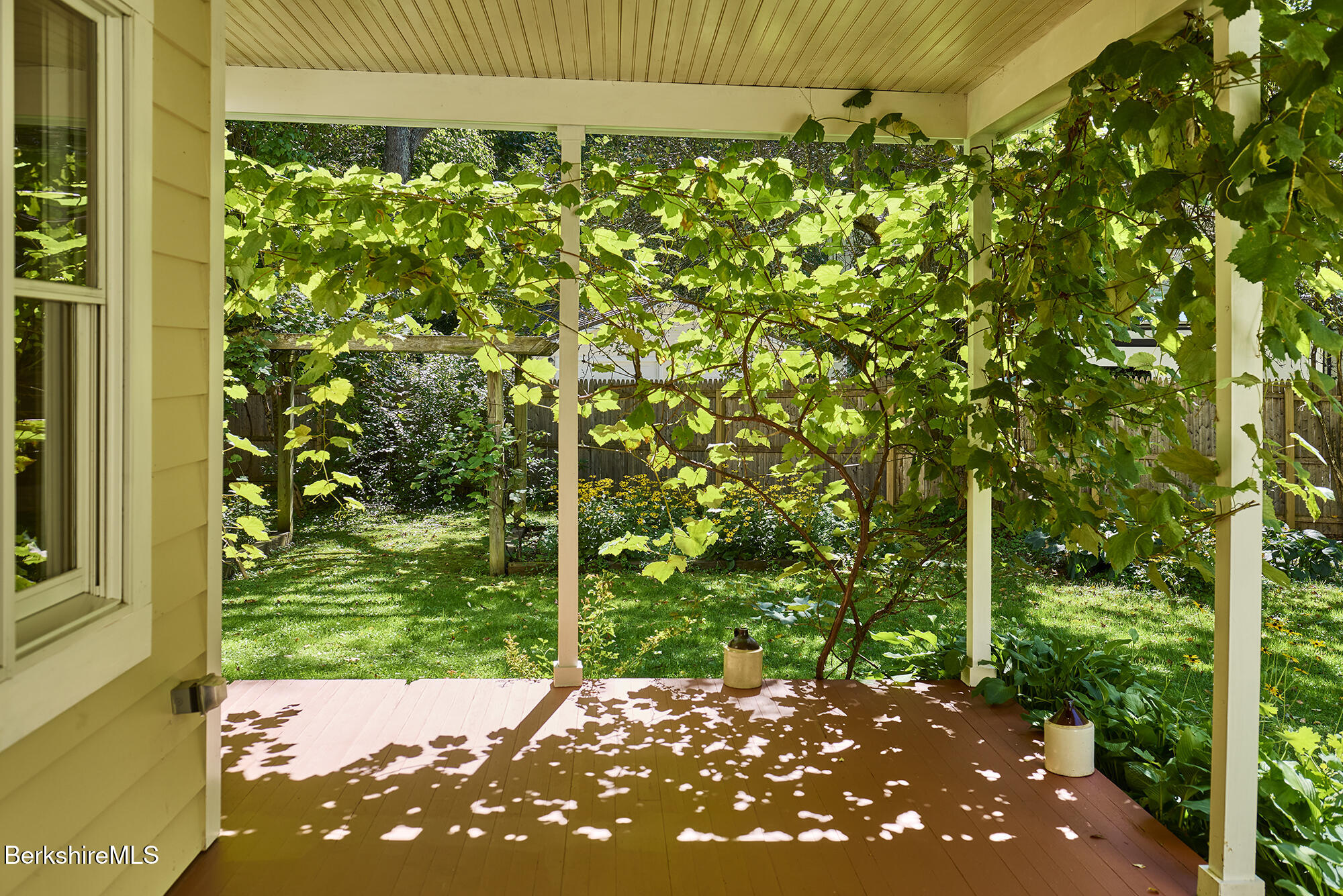 Covered wooden porch with grapevines overhead, looking out onto a leafy garden.