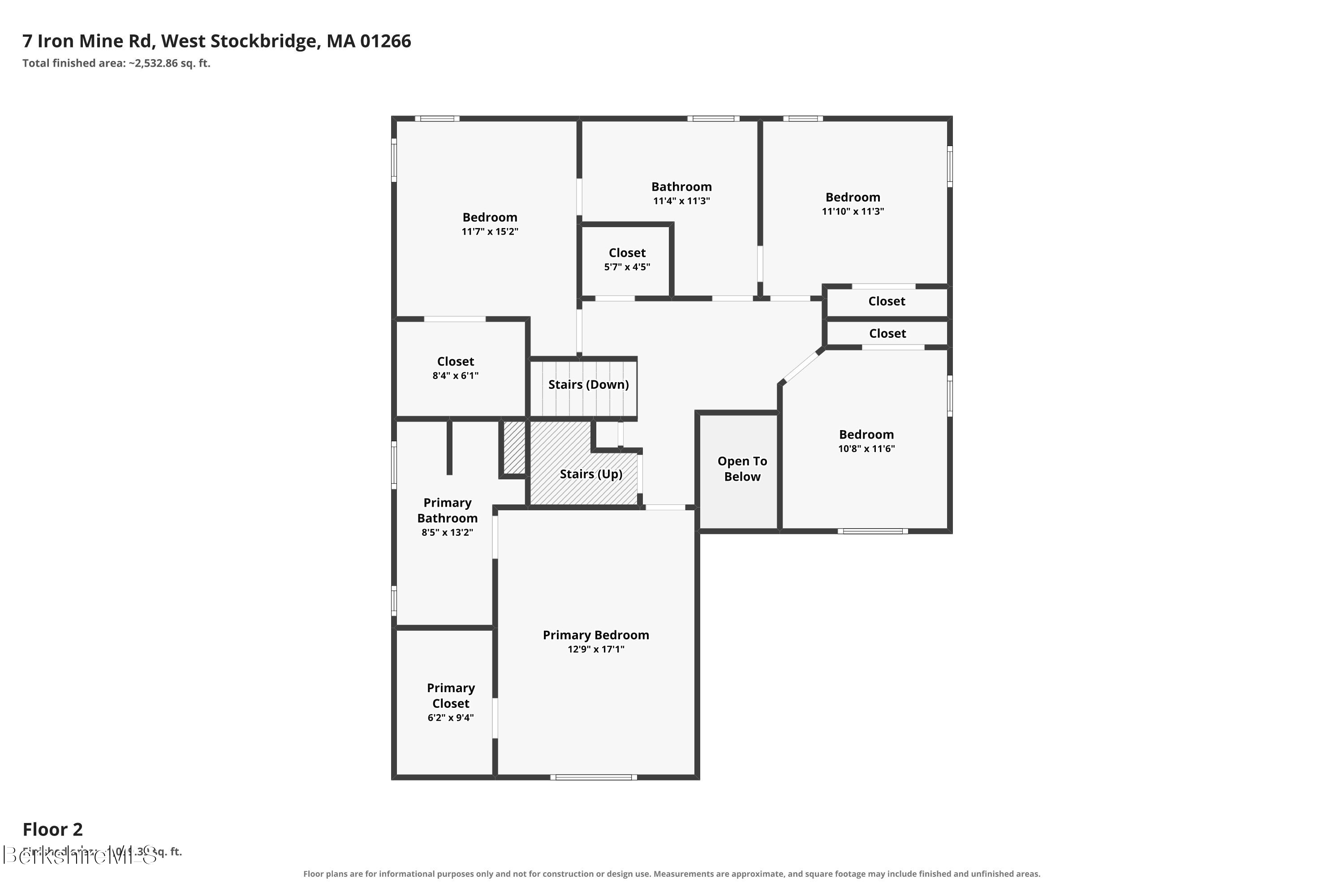 Second-floor plan for 7 Iron Mine Rd, with four bedrooms, two bathrooms, closets, stairs, and an open-to-below area.