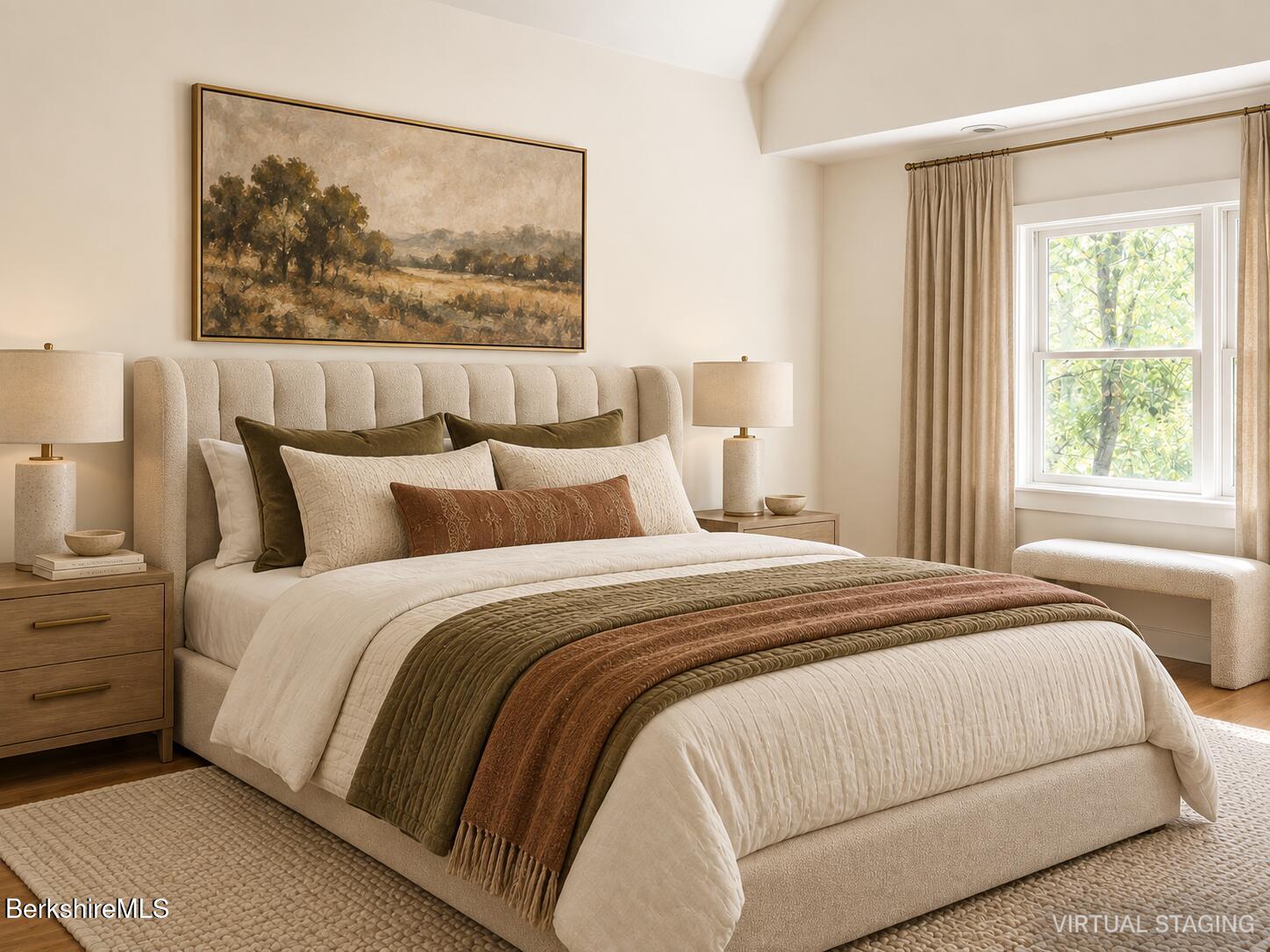 Staged bedroom with an upholstered bed, layered bedding, landscape art, and a bright window.