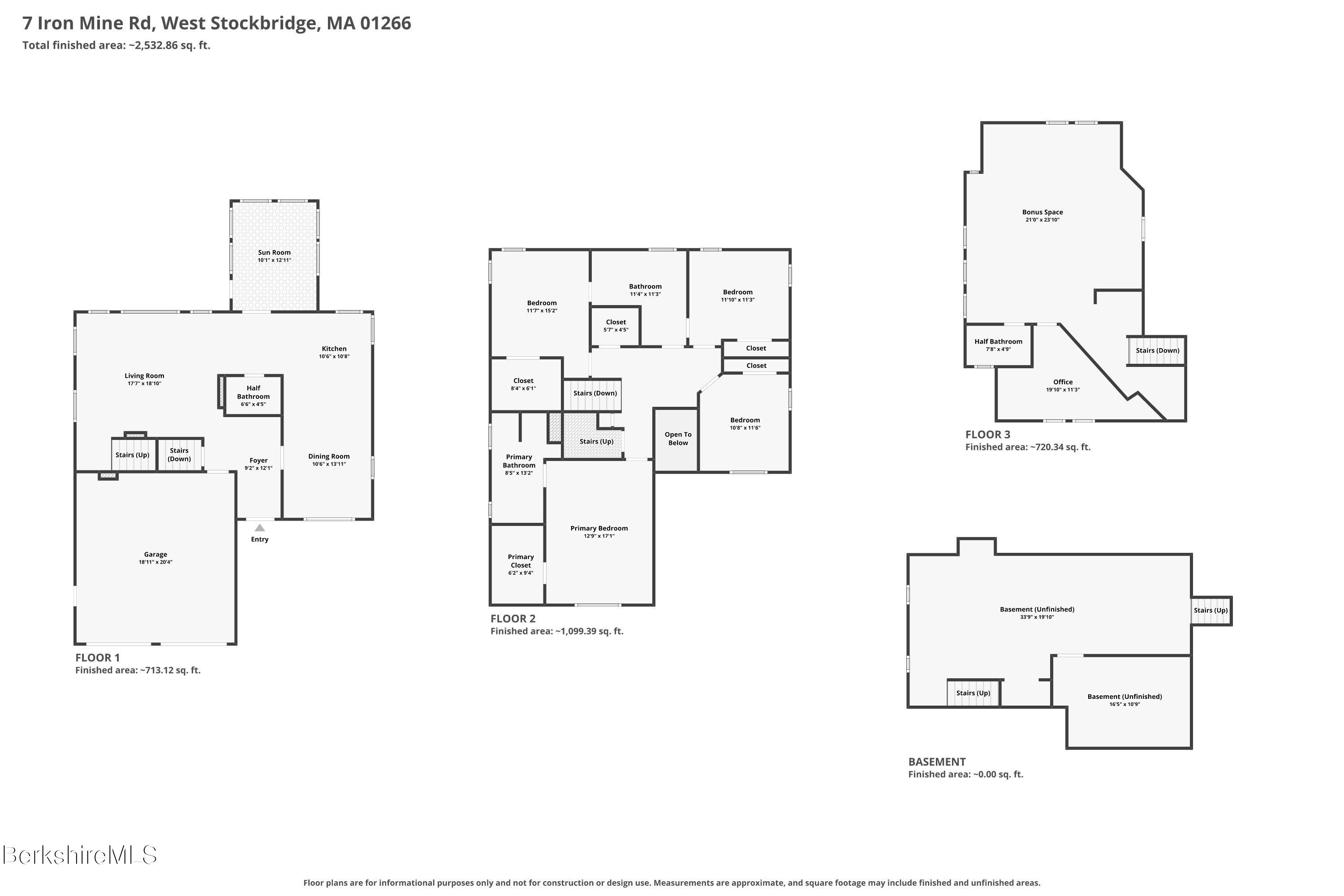 Multi-level floor plan showing room layouts, approximate dimensions, finished areas, and an unfinished basement.
