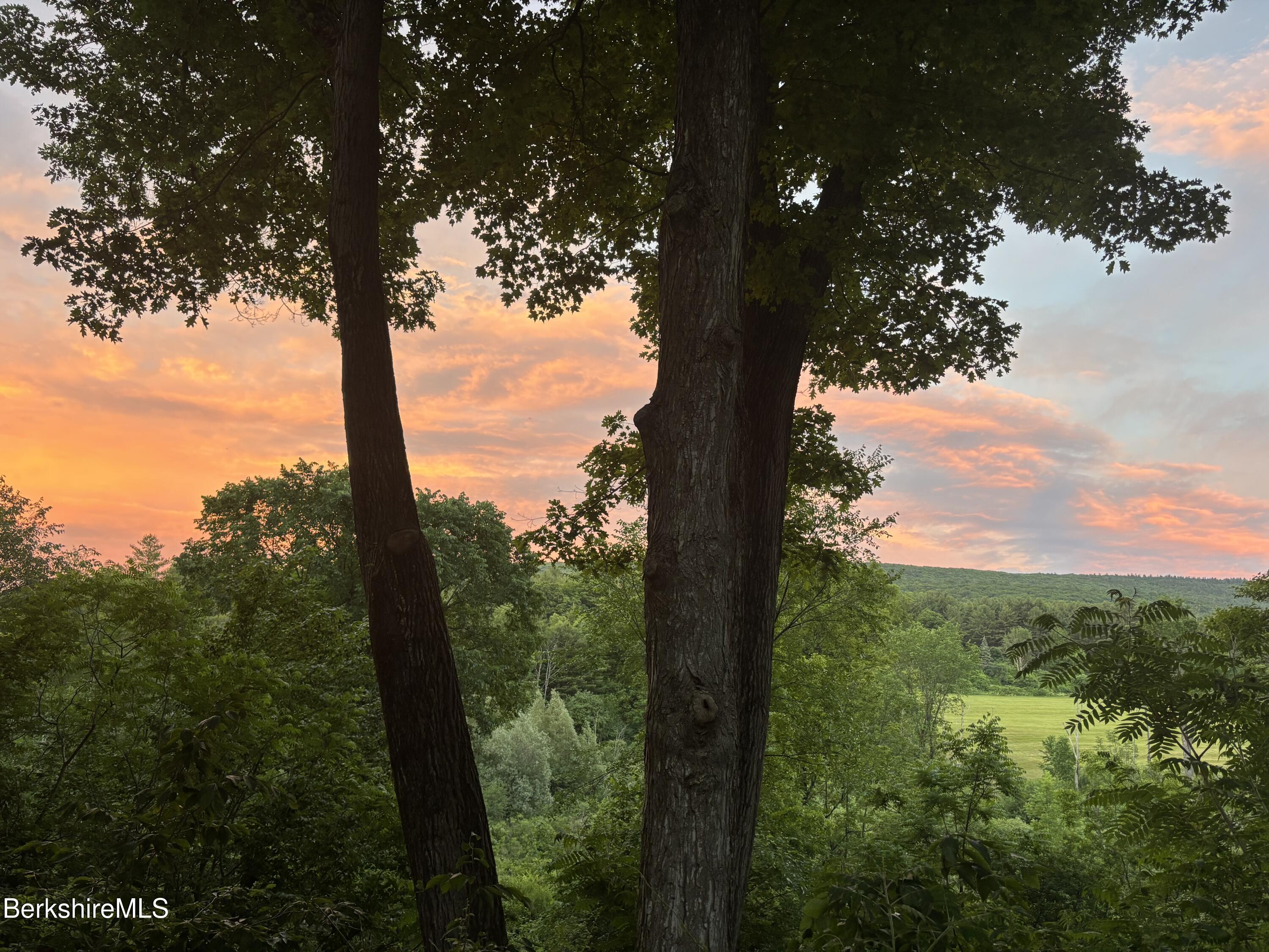 Wooded property view overlooking a meadow and forested hills beneath a colorful sunset.
