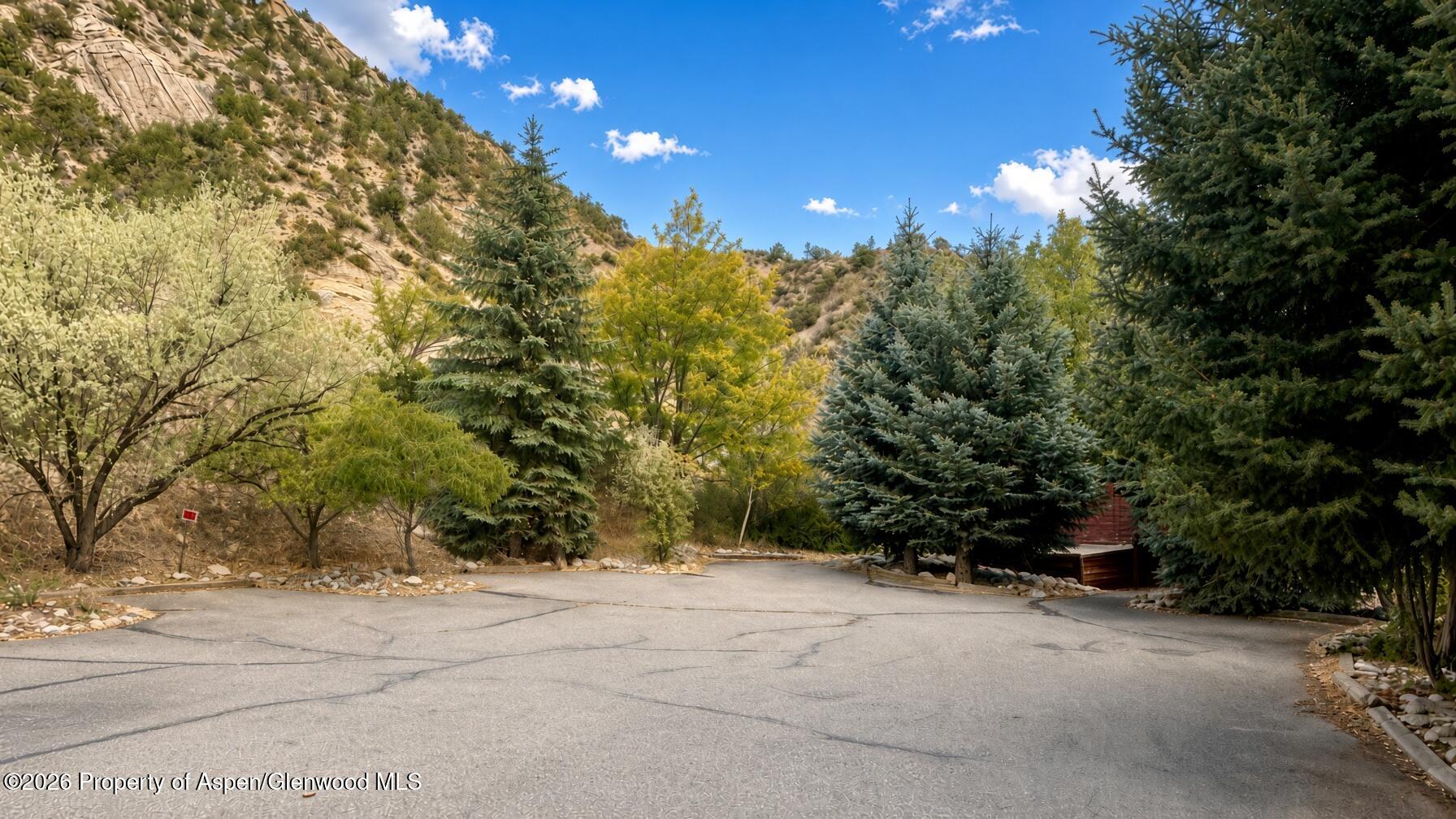 Paved driveway bordered by evergreen trees, with a rocky hillside and part of a building beyond.