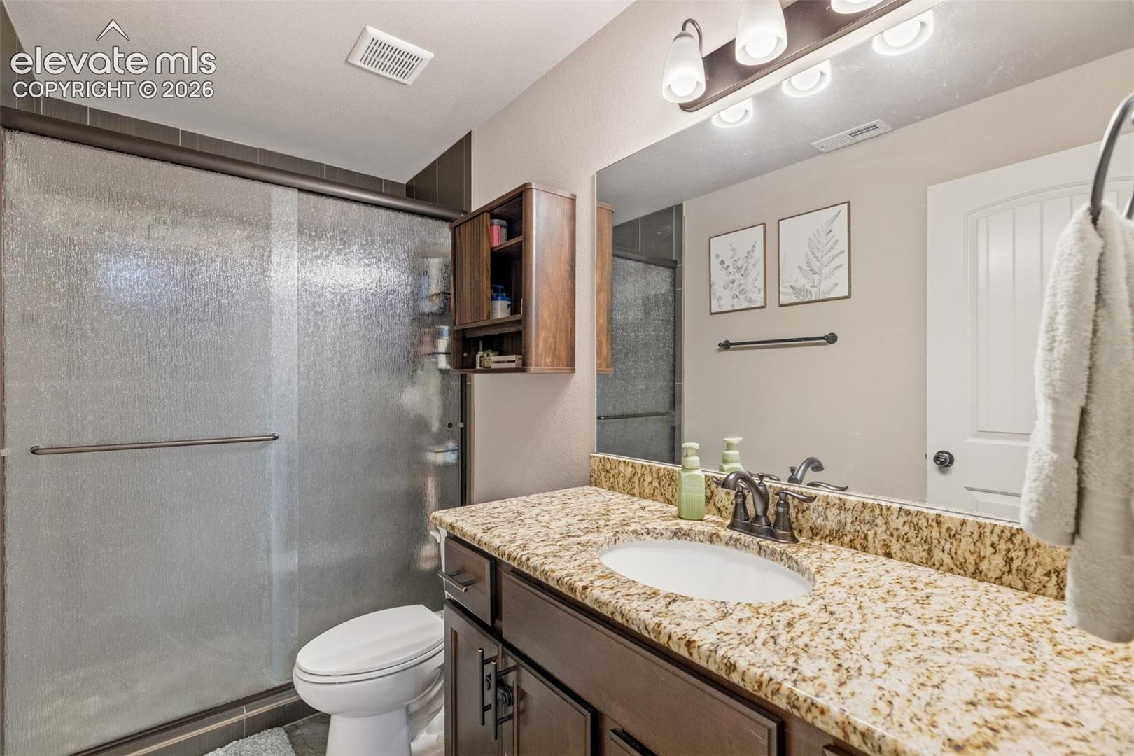 Bathroom with a granite vanity, dark wood cabinets, and a frosted-glass shower.