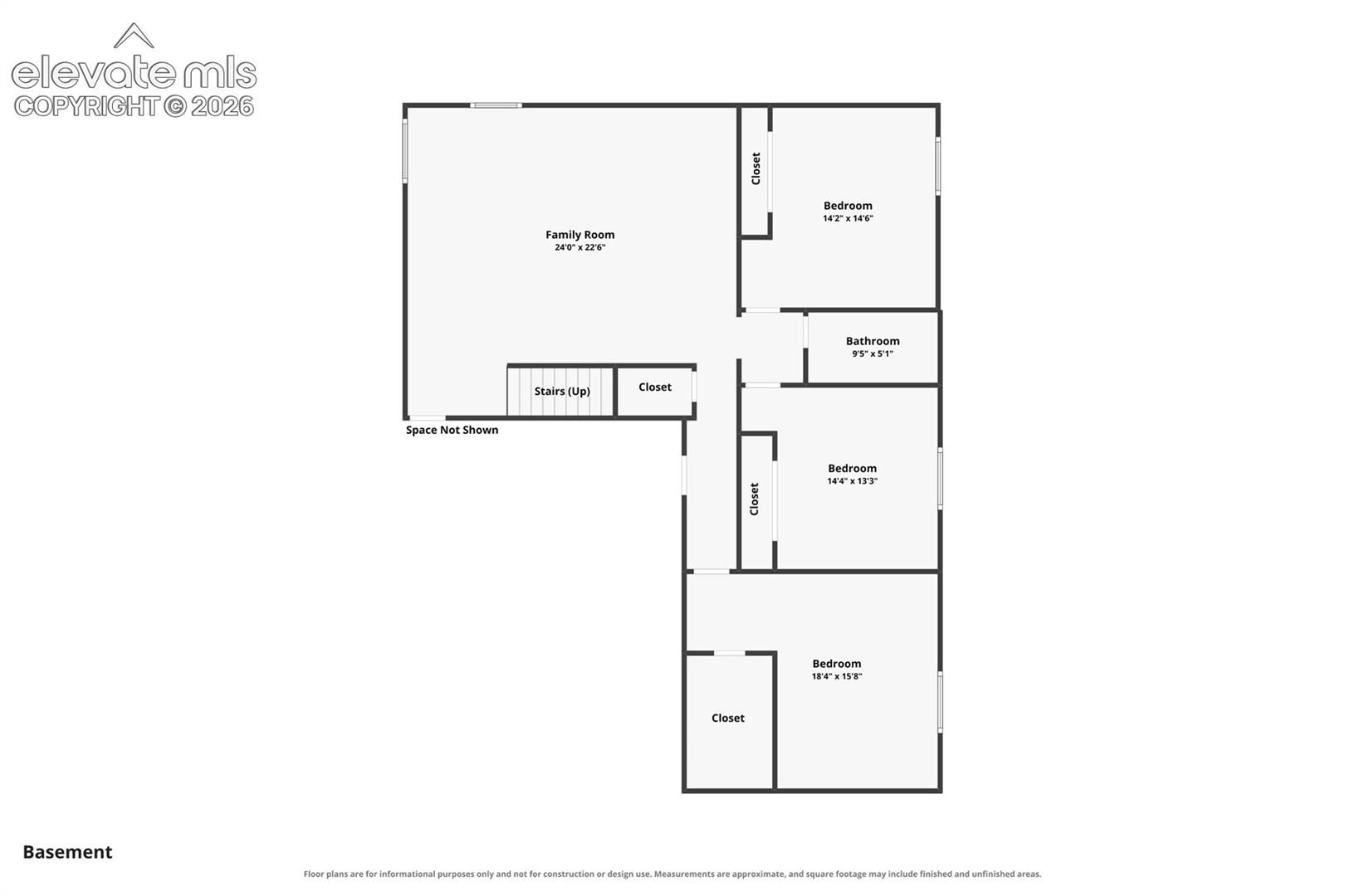 Basement floor plan with a family room, three bedrooms, bathroom, stairs, and closets.