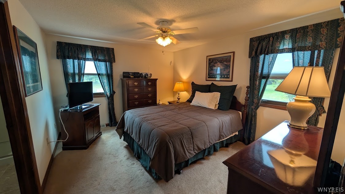 Furnished bedroom with a large bed, ceiling fan, and two curtained windows.