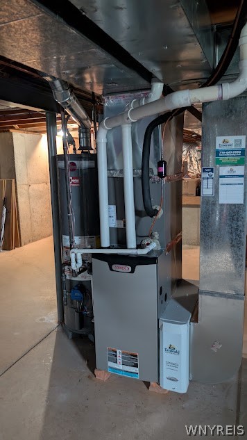 Basement utility area with a furnace, water heater, and exposed pipes and ductwork.