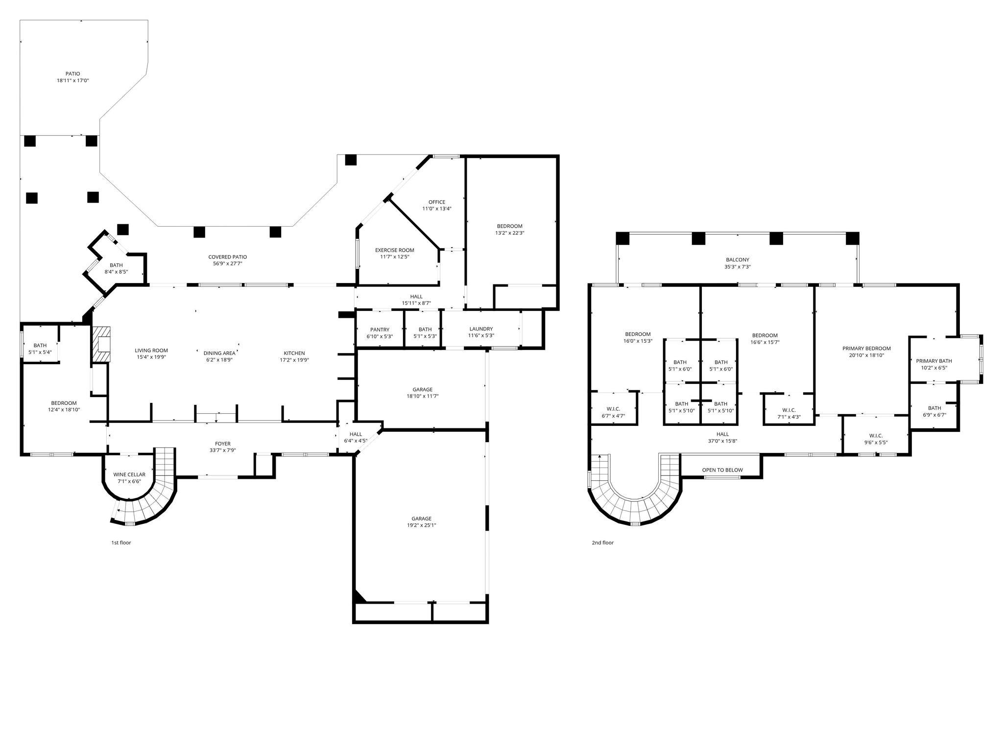 Two-story home floor plan with a covered patio, wine cellar, balcony, and two garages.