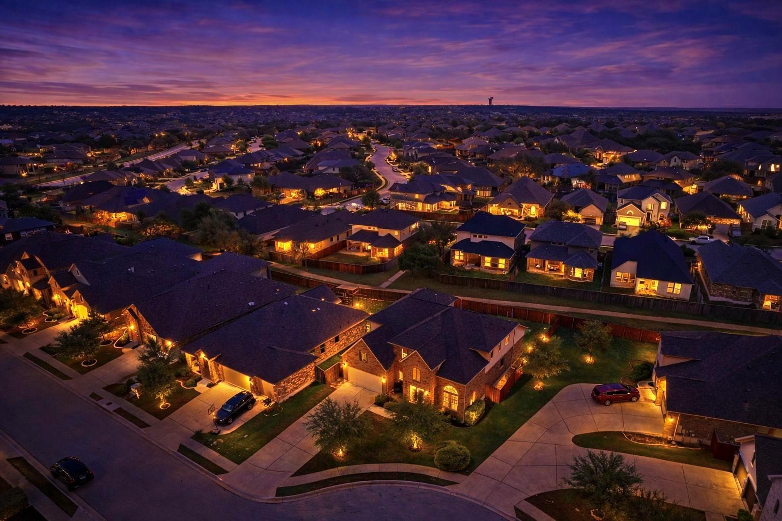 Aerial view of a neighborhood at dusk, with illuminated homes and a colorful sunset sky.