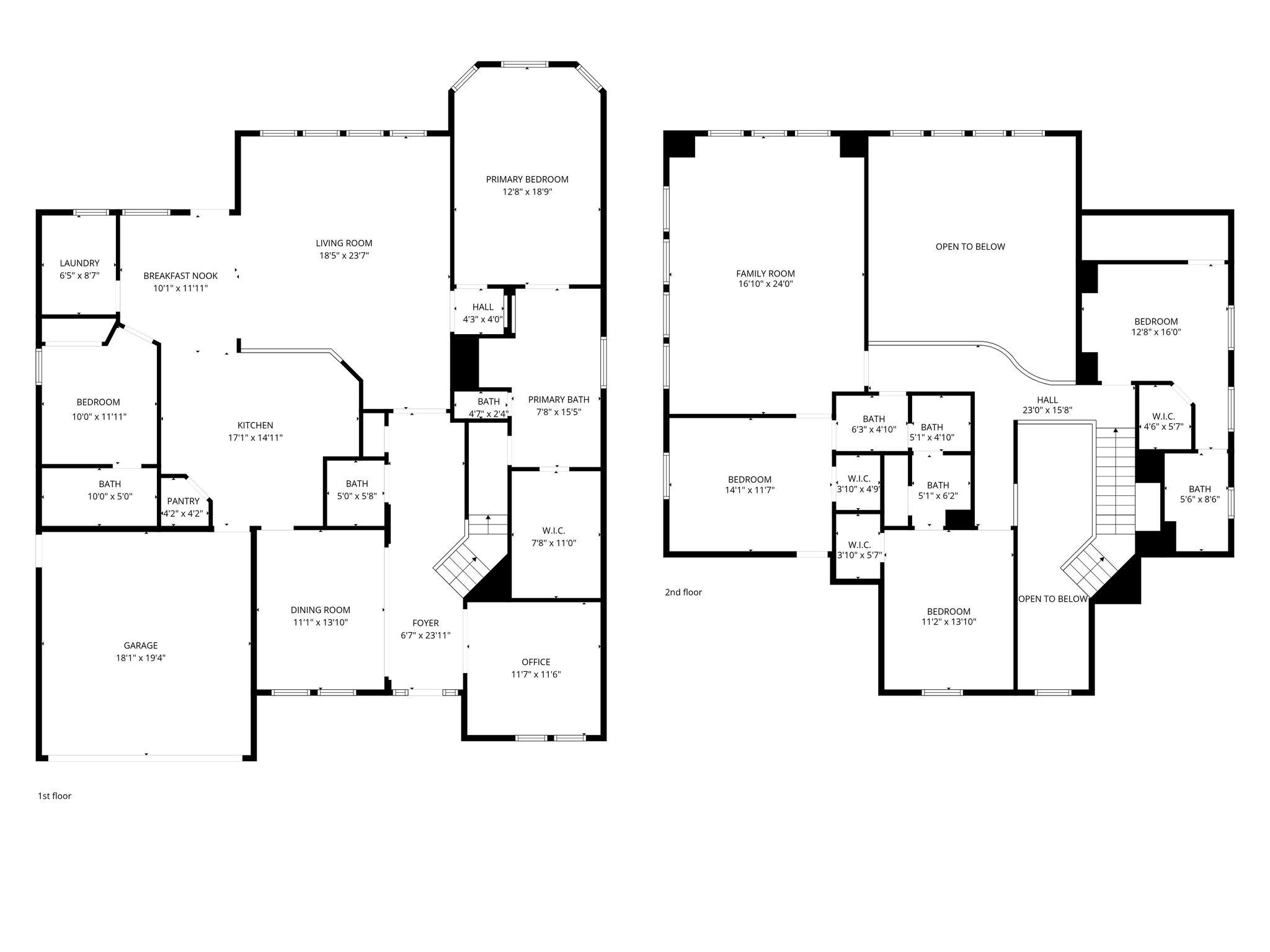 Two-story home floor plan with labeled rooms, dimensions, stairs, and open-to-below areas.