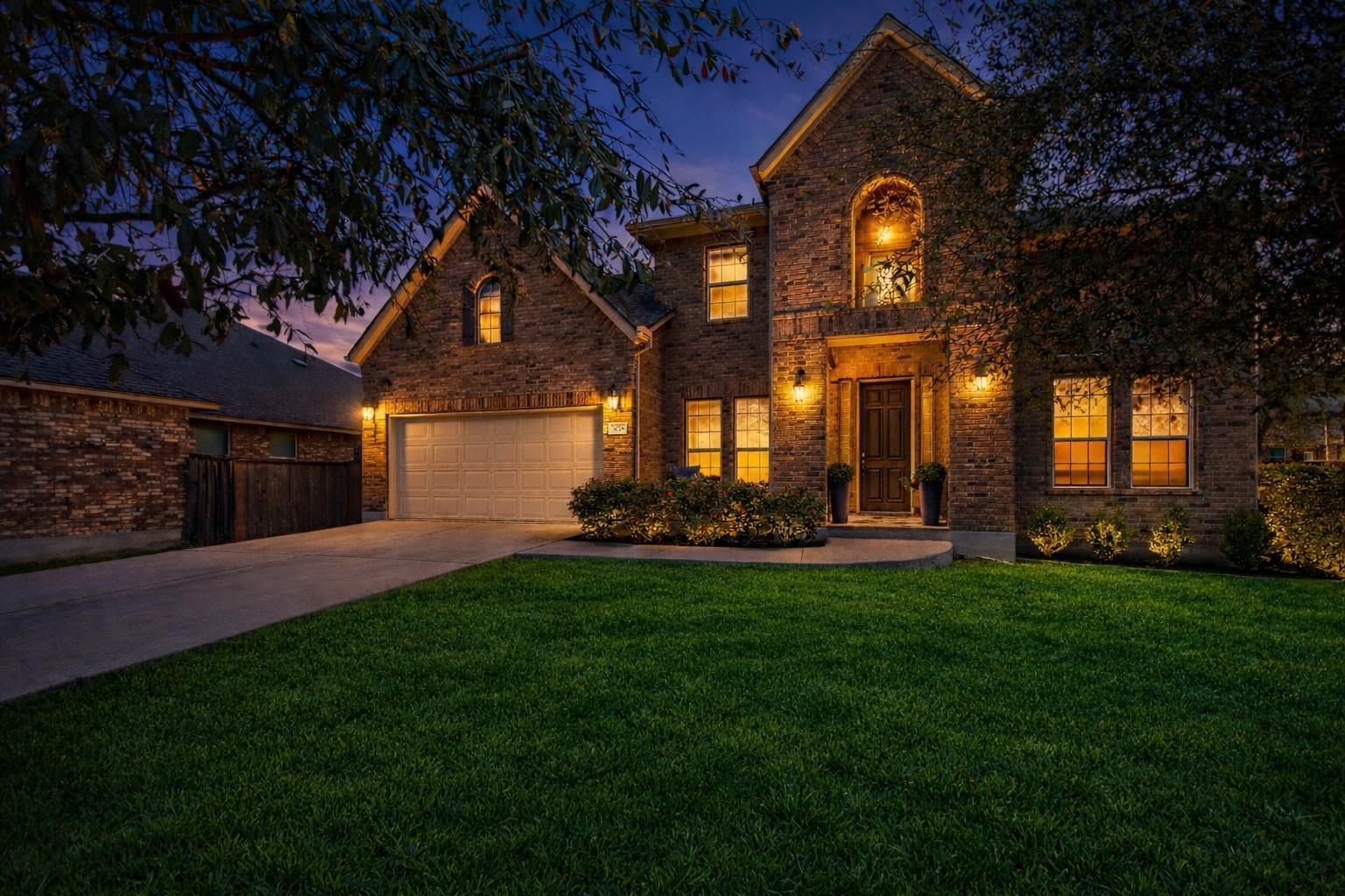 Two-story brick house at dusk, with glowing windows, an attached garage, and a broad lawn.