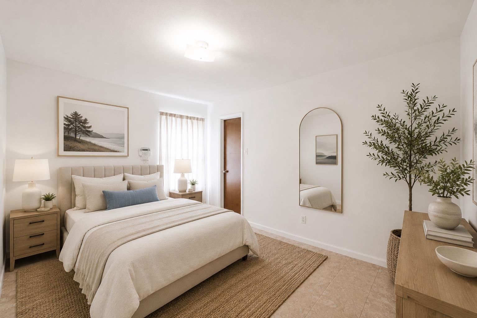 Staged bedroom with neutral bedding, a woven rug, and a tall arched mirror.