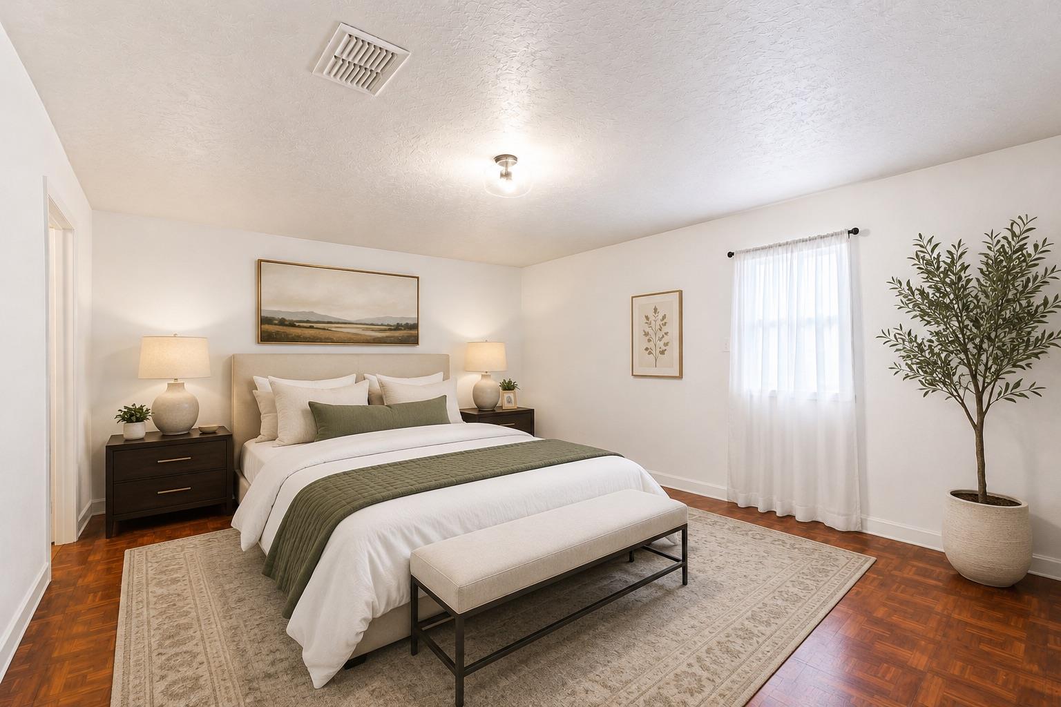 Staged bedroom with white bedding, a green quilt, dark nightstands, and a bench at the foot of the bed.
