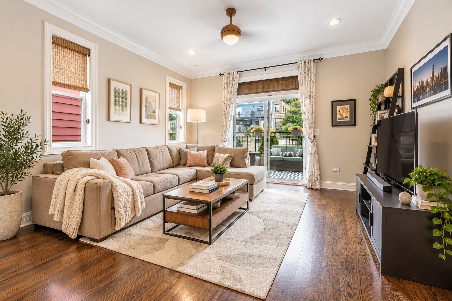 Living room with a beige sectional, hardwood floors, and a glass door opening to a small balcony.