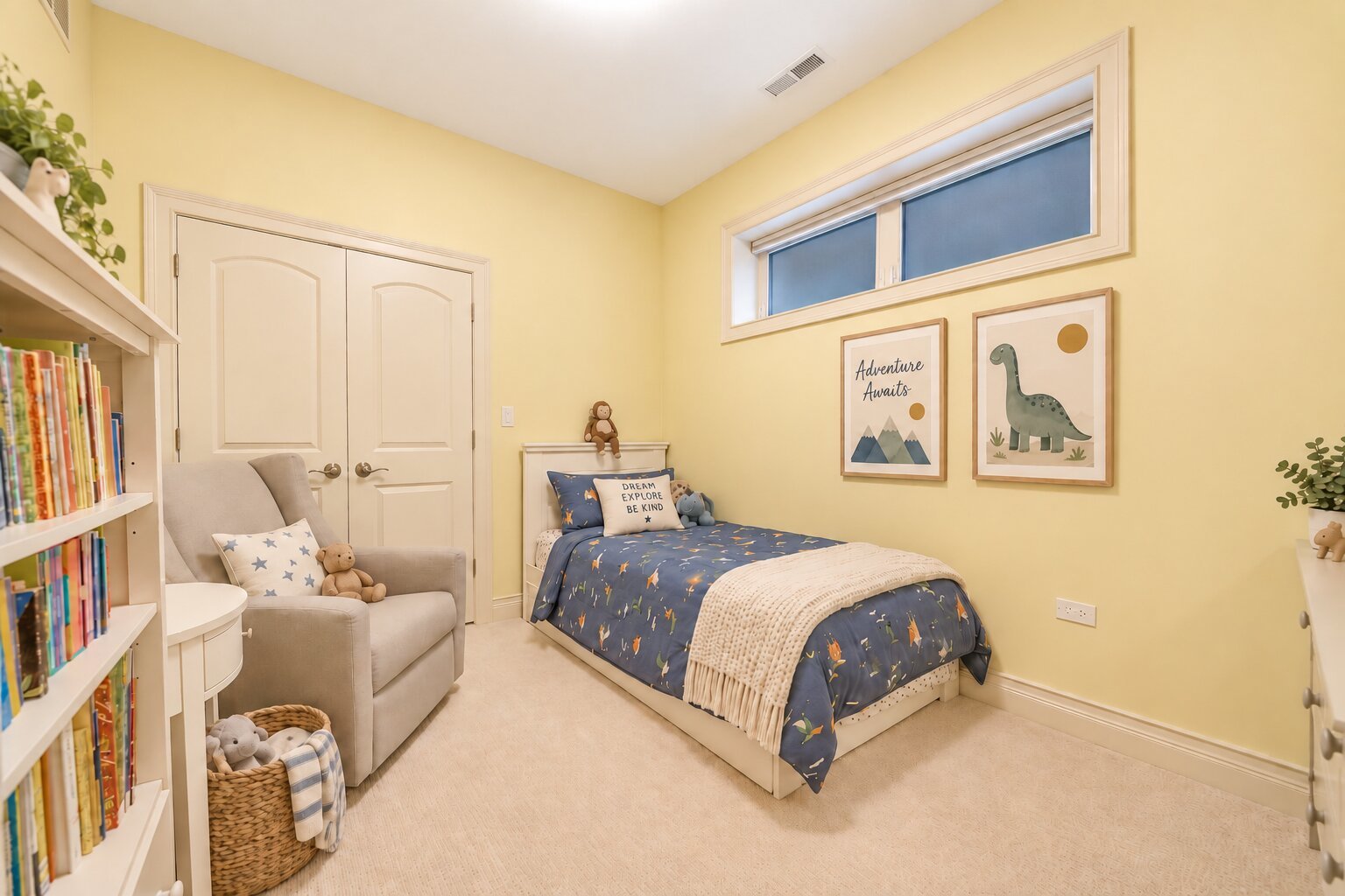 Bedroom with blue patterned bedding, yellow walls, a reading chair, and built-in bookshelves.
