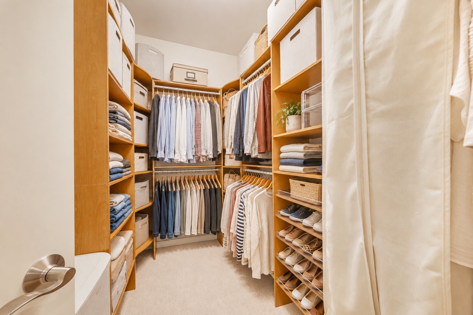 Walk-in closet with warm wood shelving, double hanging rods, folded linens, and neatly arranged shoes.